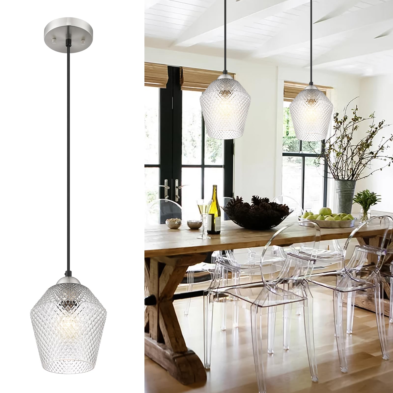 3-Light Hanging Pendant Lights, 7inch Modern Cognac Glass Shade Adjustable Height Pendant Light Fixture， E26 Base Pendant Light for Kitchen Island Living Room Hallway Lighting