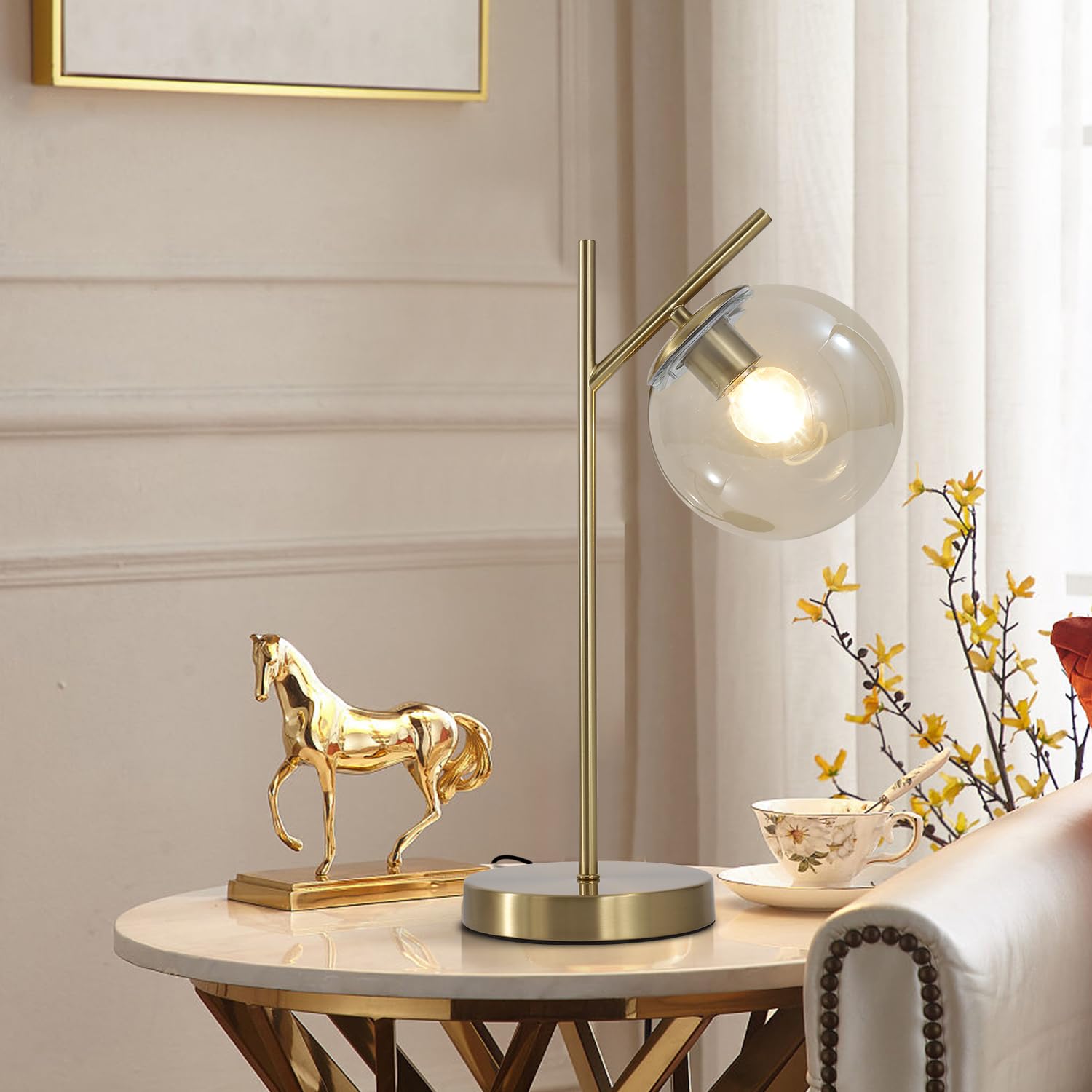 Globe Table Lamp 1 Light Brass Glass Globe Table Lamp Contemporary Metal Table Lamp Bedside Table lamp with Milky White Glass lampshade Bedroom Living Room Study Room(H19.2)