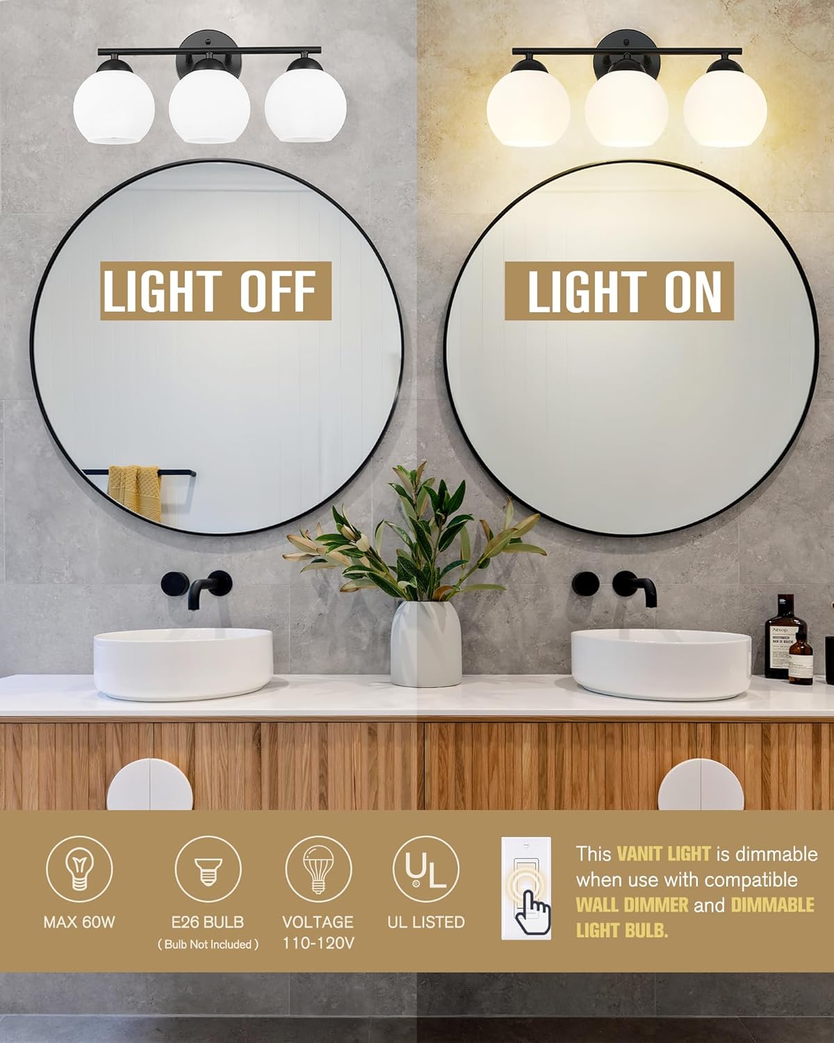 Black Vanity Lights for Mirror, Modern Farmhouse 2-Light Bathroom Light Fixtures Globe Bathroom Vanity Light with Milk Glass Shade, VL114-BK-ML-2