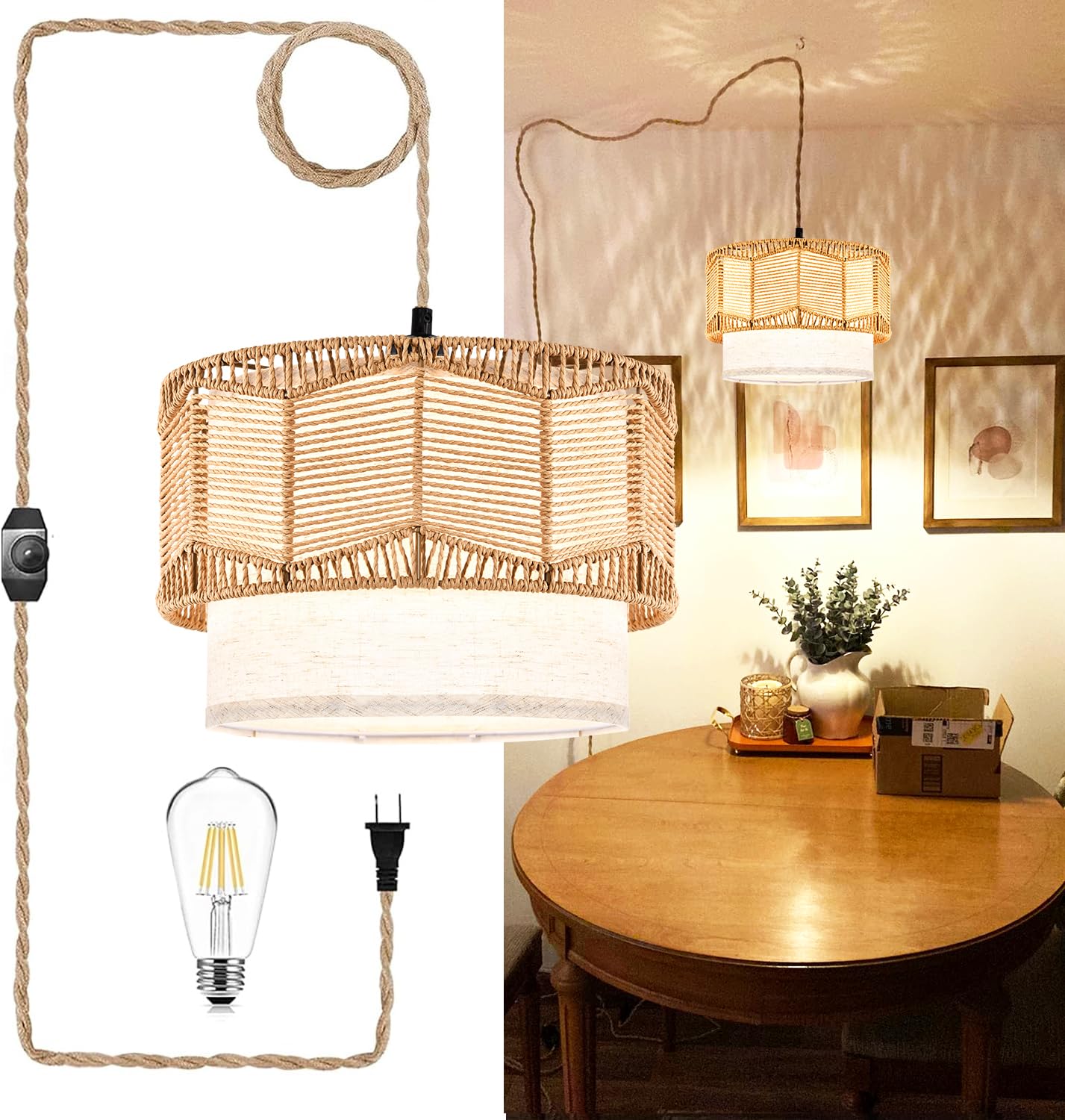 Plug in Pendant Light Rattan Hanging Lights with Plug in Cord Bamboo Hanging Lamp Dimmable,Handmade Woven Boho Wicker Basket Lamp Shade,Plug in Ceiling Light Fixture for Living Room Bedroom Kitchen