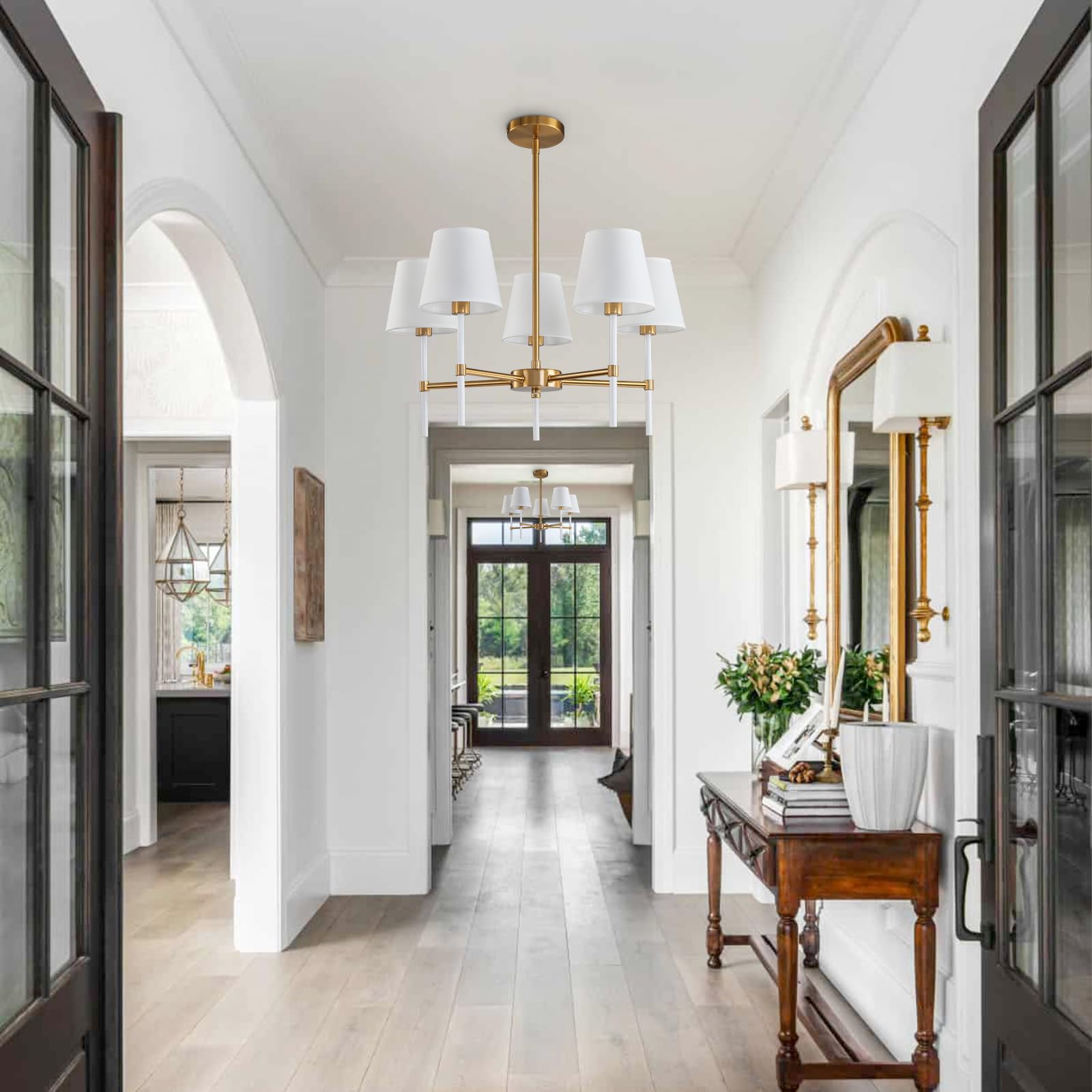 Dining Room Chandeliers Light - 5-Light White and Gold Modern Chandeliers Light Fixtures with White Fabric Shade, Height Adjustable Pendant Island Light for Entryway Farmhouse