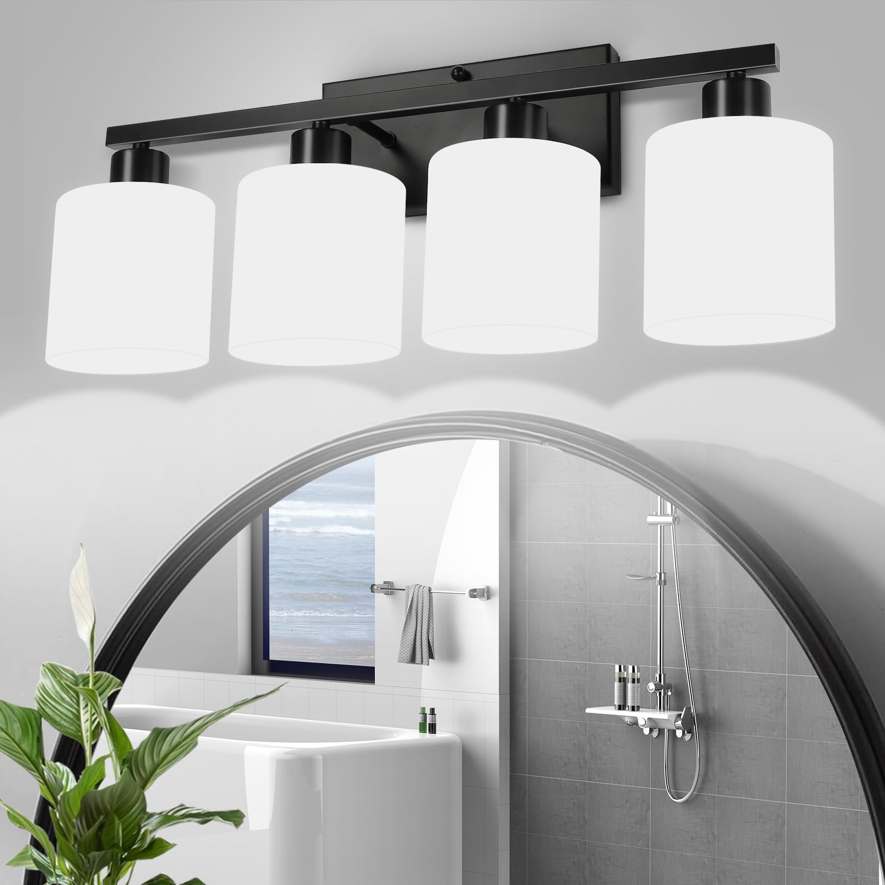 Black Bathroom Lighting Fixtures Over Mirror, Modern 2-Light Vanity Lights Fixtures, Rustproof Wall Sconces Light for Bedroom, Hallway, Milky White Glass Shades, E26 Base, Bulbs Not Included