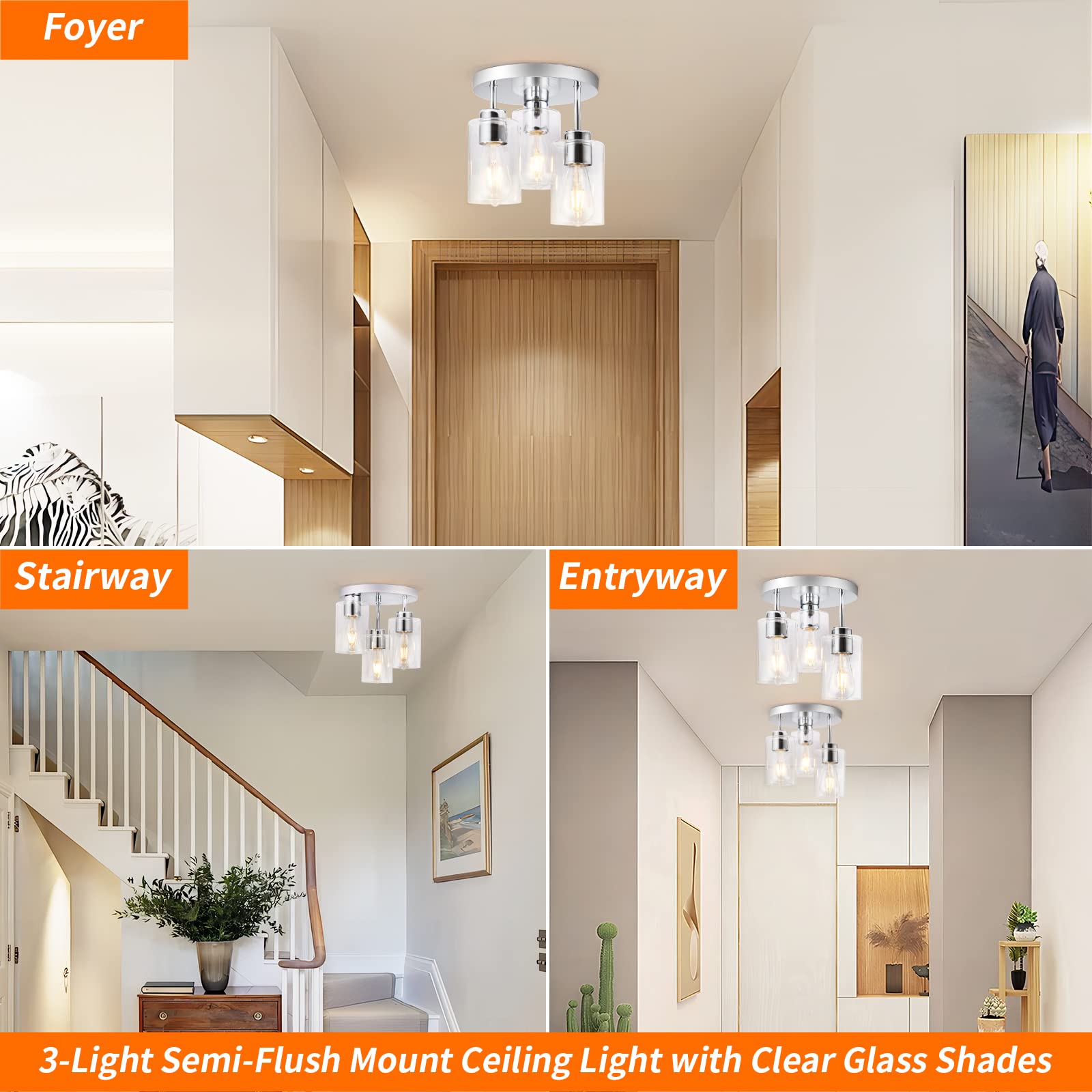 Semi Flush Mount Ceiling Light 3-Light Brushed Nickel Flush Mount Ceiling Light Fixtures with Clear Glass Shade, Modern Kitchen Ceiling Light for Bedroom Stairs Porch Hallway Entryway