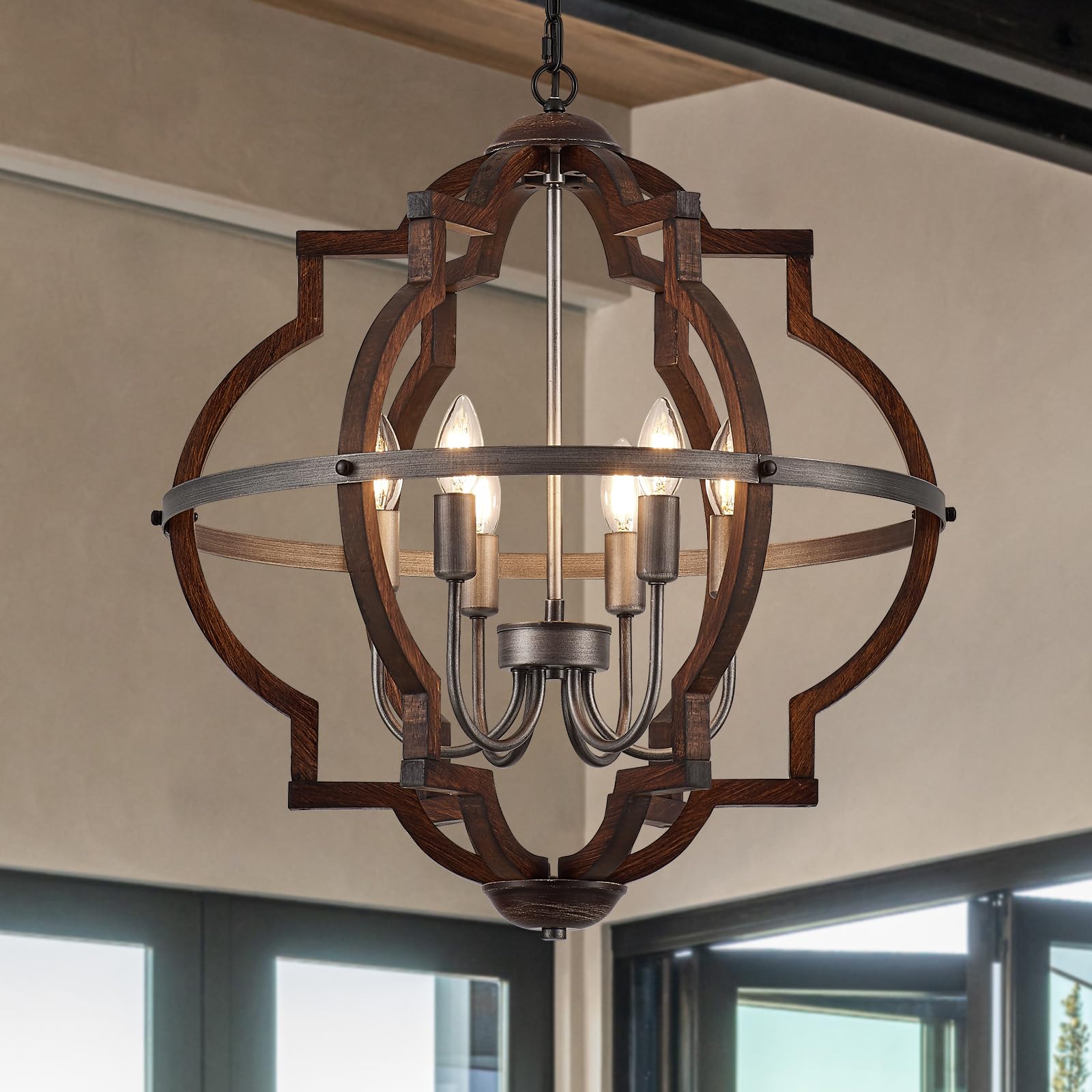 23'' 6-Light Wood Farmhouse Chandelier for Dining Room Vintage Rustic Oak Brown Pendant Light Fixtures Globe Hanging Ceiling Lighting for Hallway Entryway Foyer Kitchen Living Room Bedroom