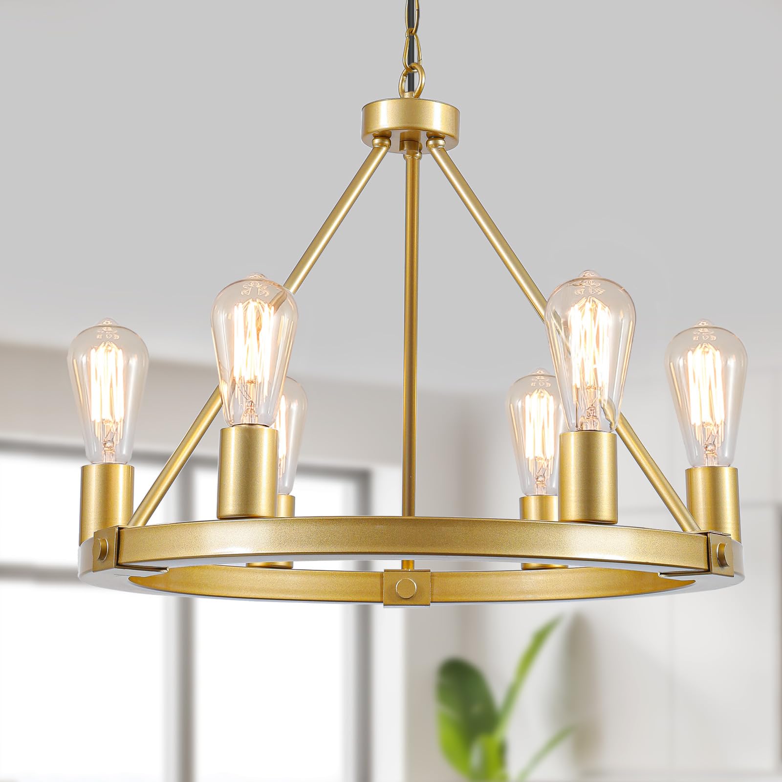 Gold Wagon Wheel Chandelier, 12-Light Industrial Pendant Light, 31.5'' Farmhouse Ceiling Hanging Chandelier Light Fixture for Living Room, Bedroom, Entryway, Foyer