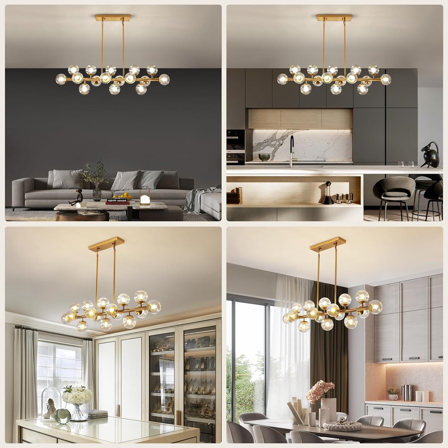 Moooni 16 Lights Modern Rectangle Chandelier Gold Pendant Ceiling Light Fixture Clear Glass Shades Gold Chandeliers for Dining Room Kitchen Island