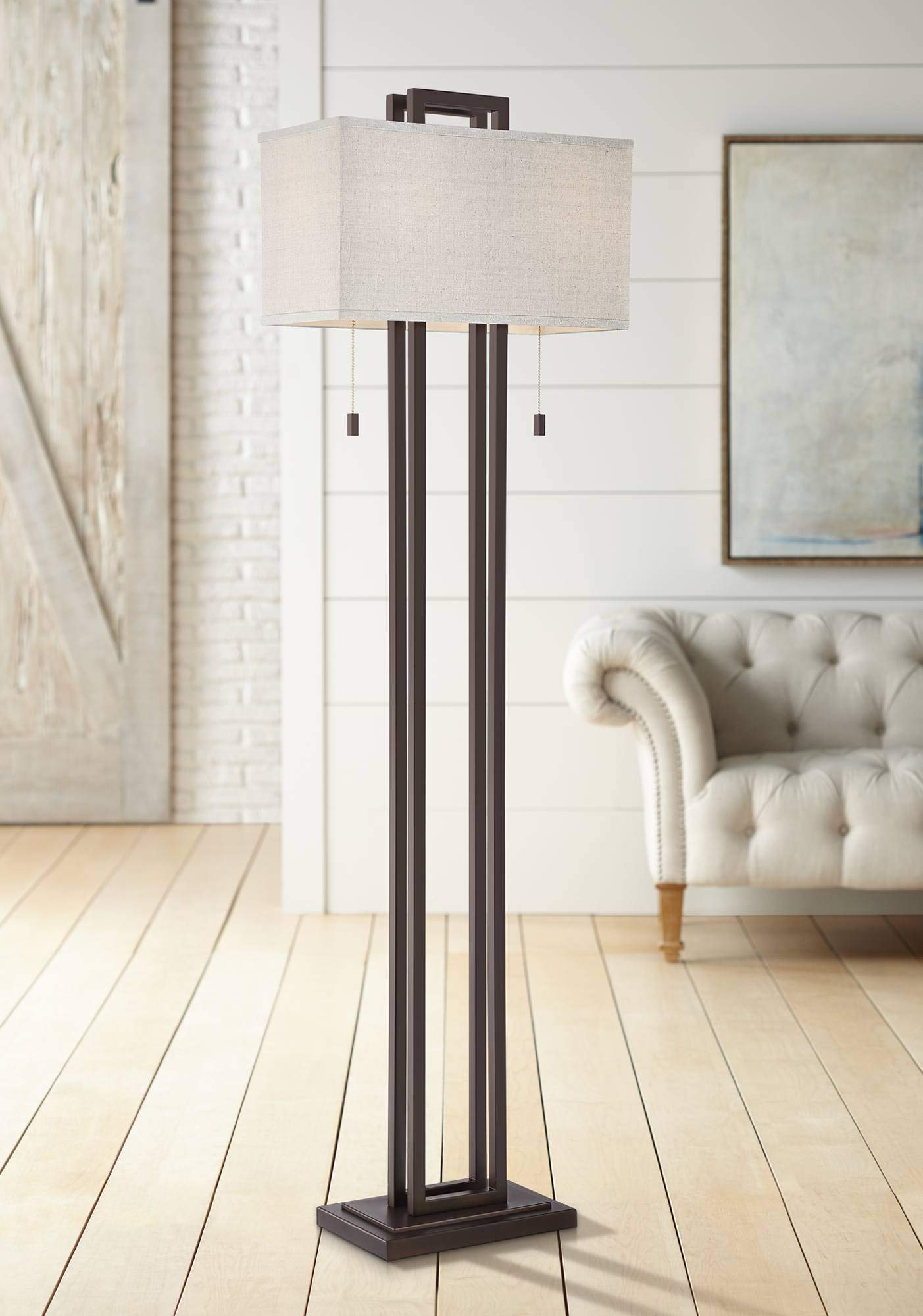 Euro Design Modern Standing Floor Lamp Double Tier 62" Tall Brushed Nickel Silver Openwork Rectangular Off White Fabric Shade Decor for Living Room Reading House Bedroom Home