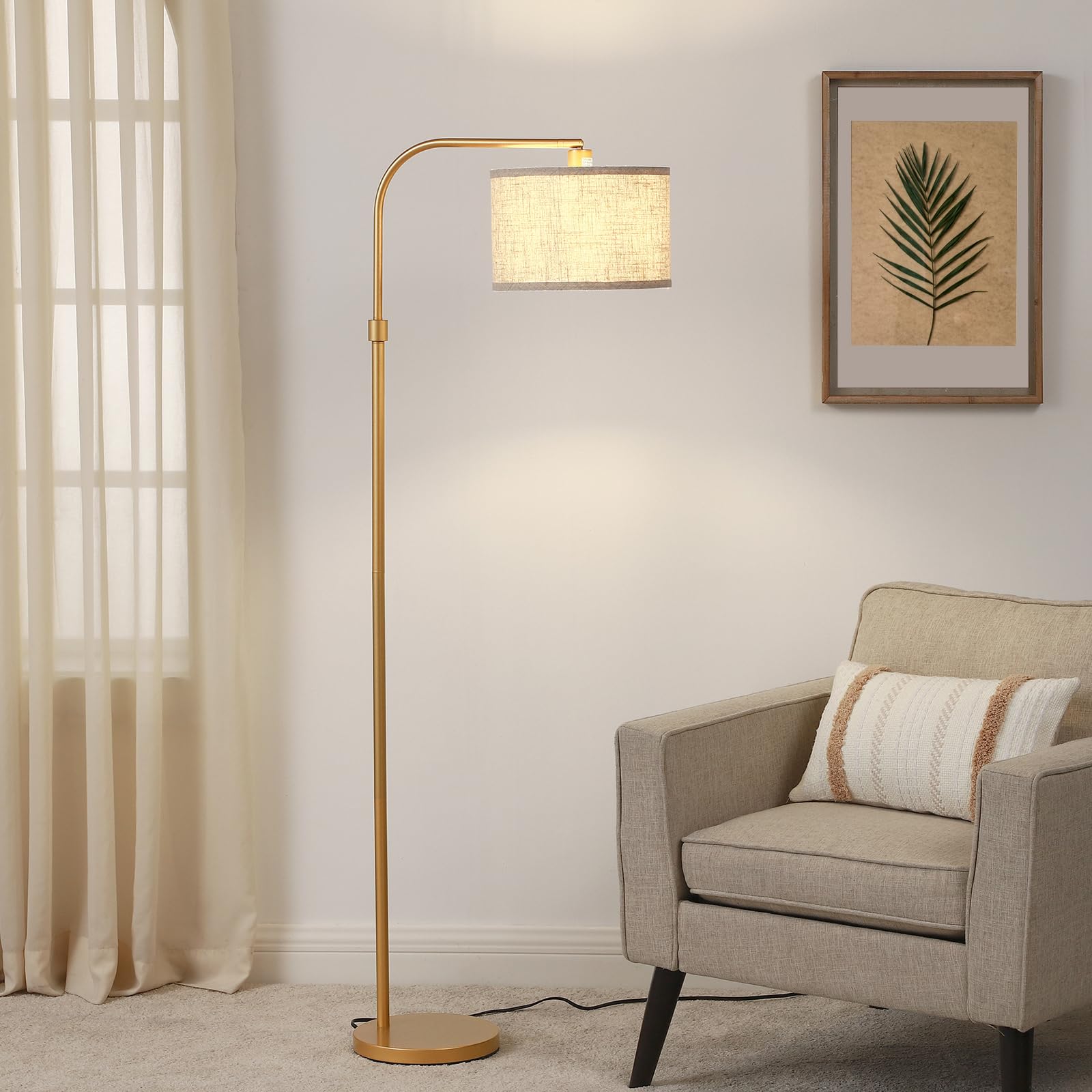 Arc Floor Lamp for Living Room, Modern Standing Lamp with Adjustable Drum Shade, Gold Reading Lamp Corner Light with Foot Switch for Bedroom, Office, Kids Room