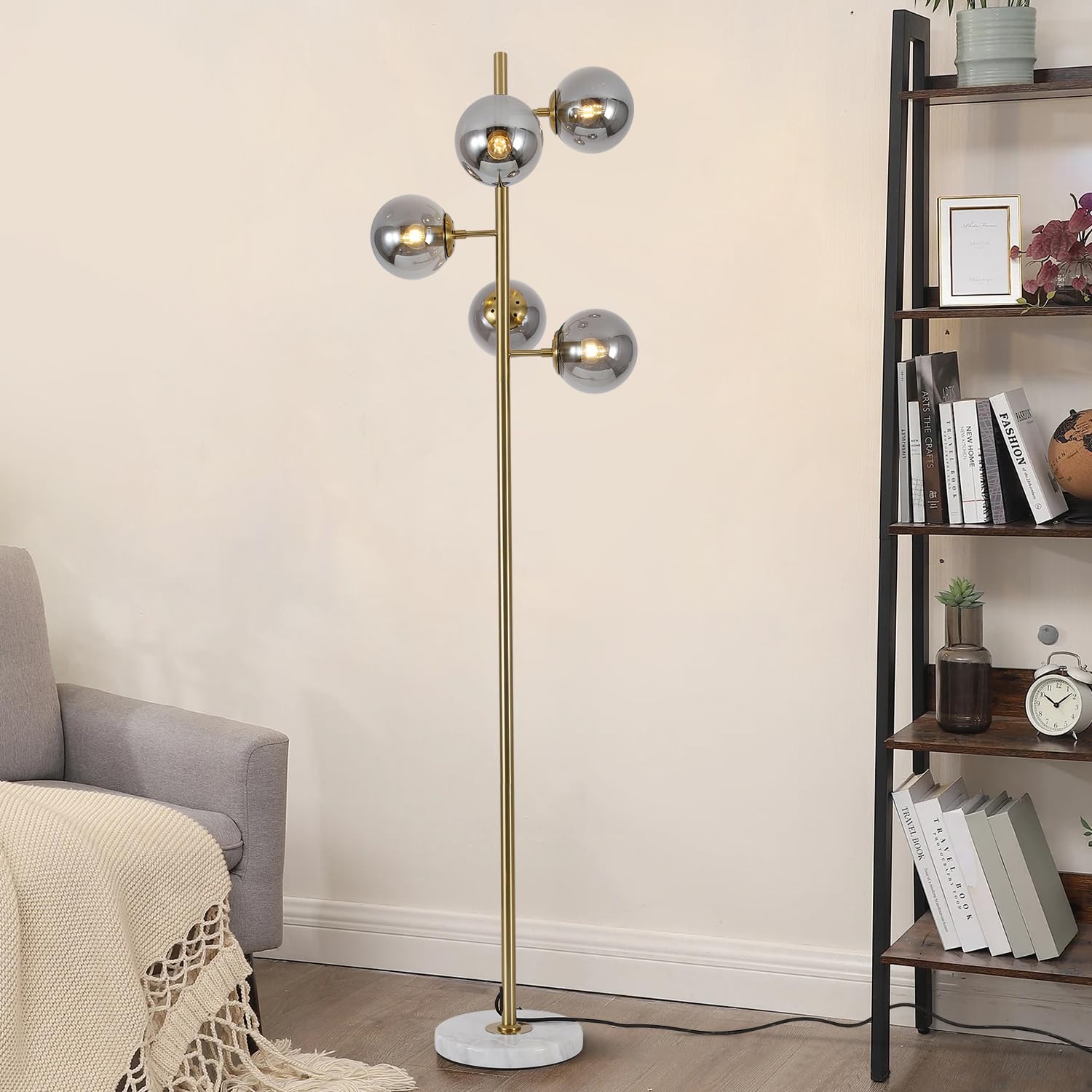 Lighting 5-Light Frosted White Glass Globe Floor Lamp Mid Century Modern Gold Tall Pole Standing Light LED Standing Lamps with Foot Switch for Home Office (Gold)