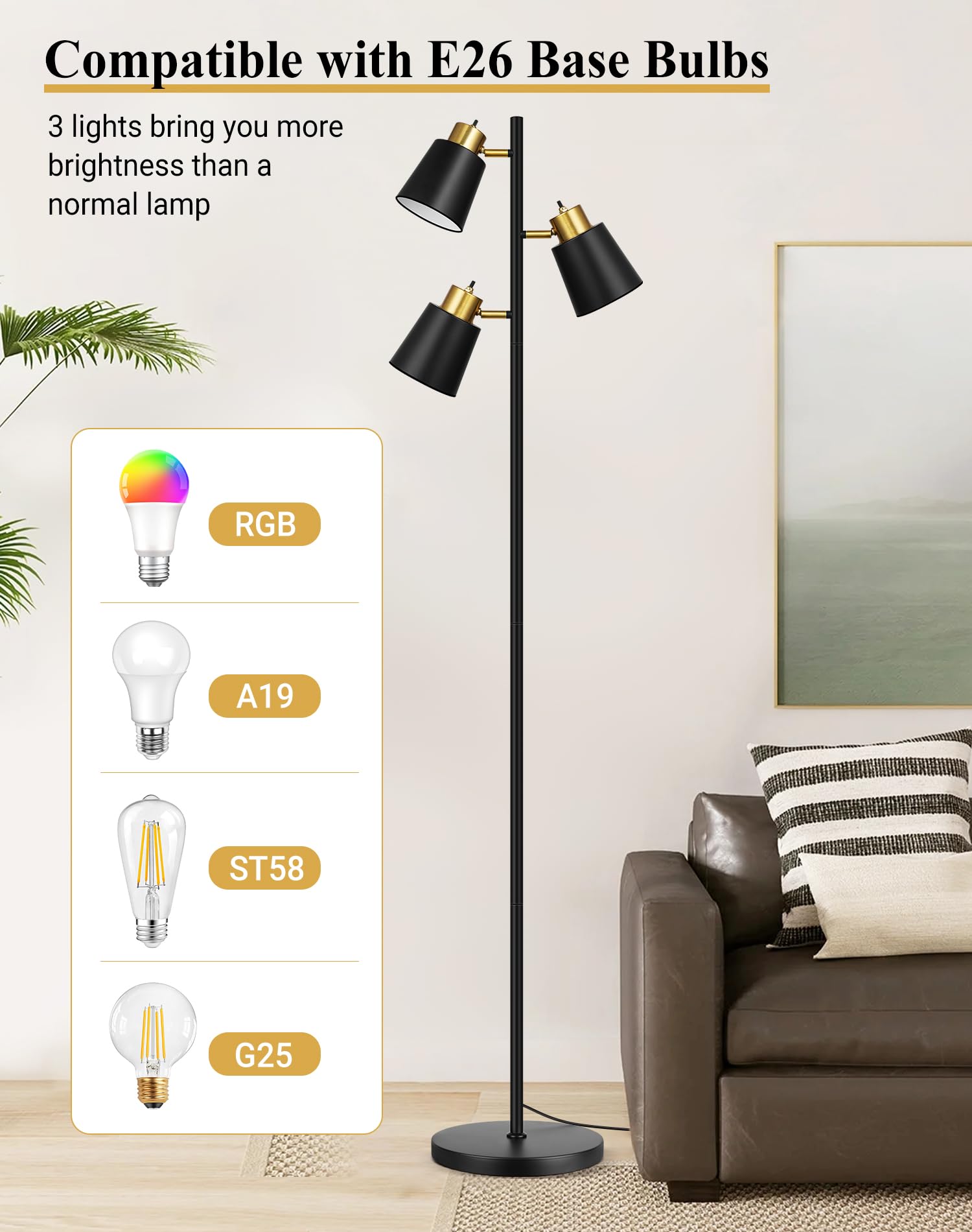 Tree Floor Lamp with 3 Light Bulbs, Standing Tall Pole Lamps for Living Room Bedroom Office, Reading Stand up Lamps with 3 Adjustable Arms, Brushed Gold