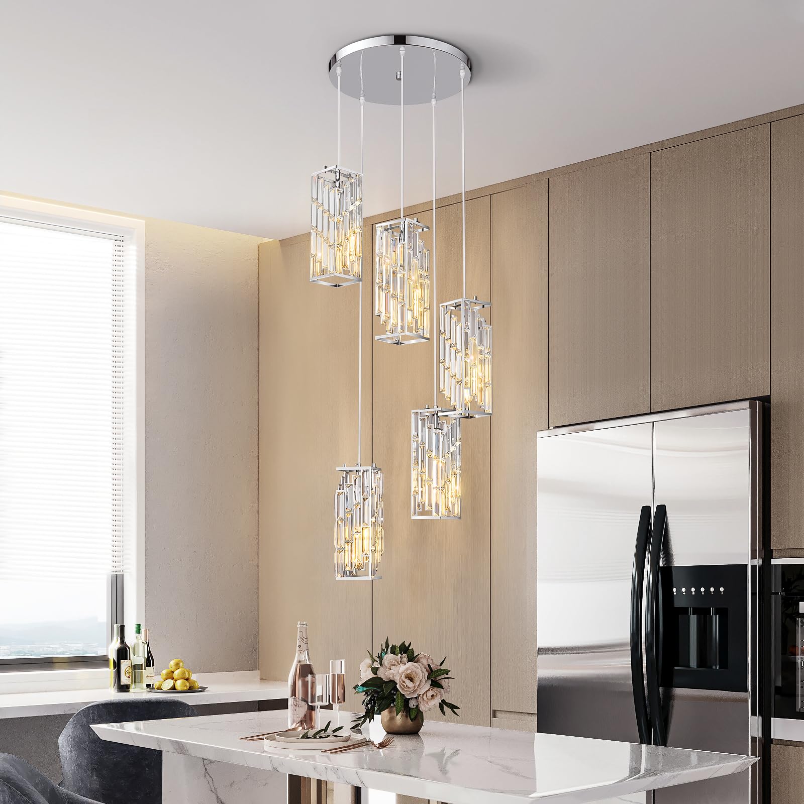 Gold Pendant Lighting Modern Pendant Light, Mini Crystal Chandeliers,Adjustable Pendant Light Fixture for Kitchen Island Dinning Room Bedroom (3 Pack)