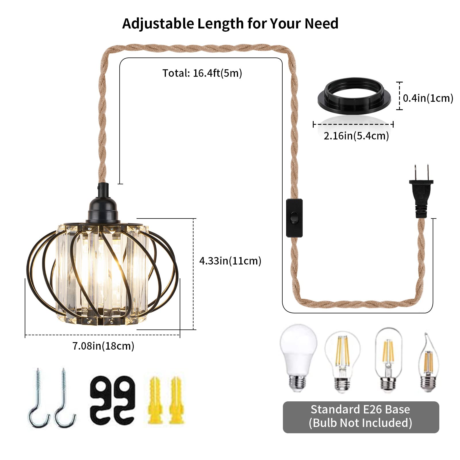 Crystal Plug in Pendant Light - Farmhouse Hanging Lights with Plug in Cord 16.4ft Hemp Rope Hanging Light Fixtures with On/Off Switch Industrial Hanging Lamp for Living Room Bedroom Kitchen Island