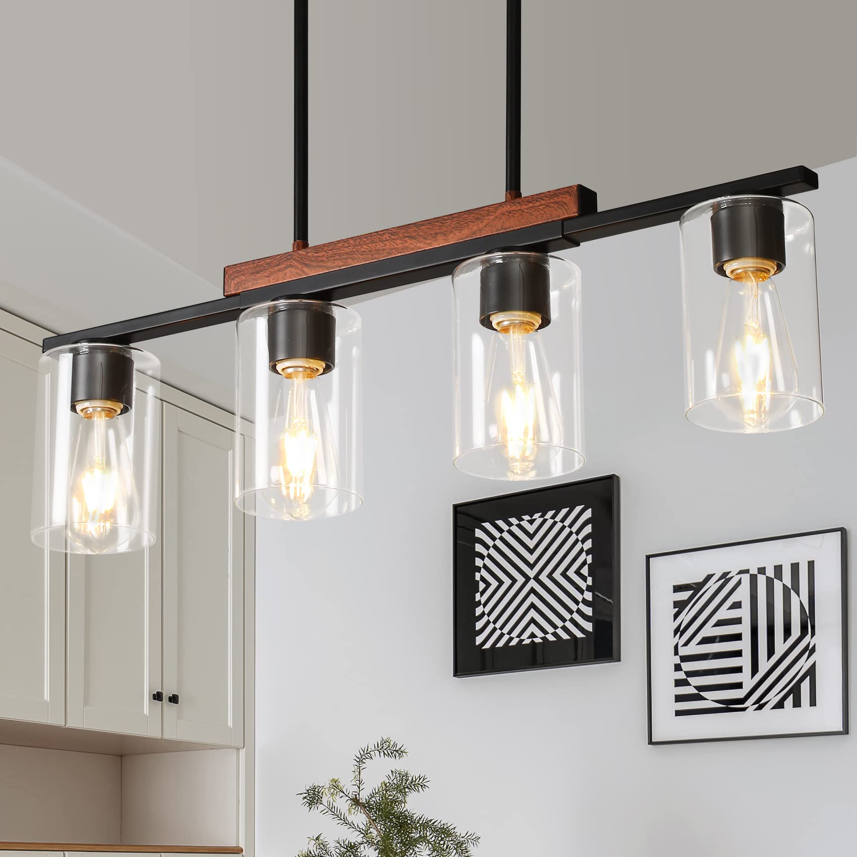 3 Lights Kitchen Island Lighting, Black Pendant Light Fixtures with Glass Shade Dining Room Light Fixture Adjustable Farmhouse Chandelier Modern Pendant Lights Ceiling Hanging Lighting E26 Base