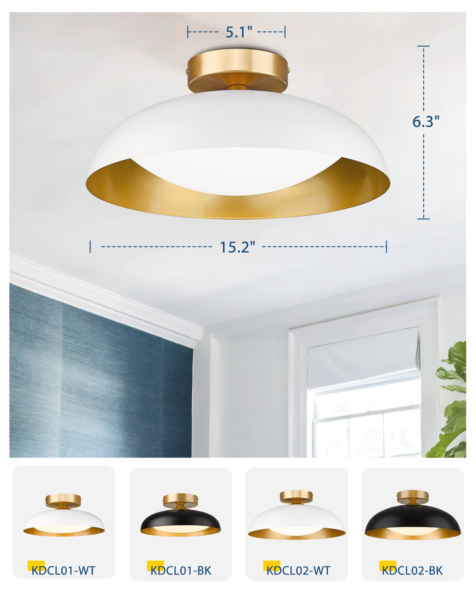 Gold Ceiling Light, 12 Inch LED Semi Flush Mount Ceiling Light Fixture, 12W/700Lm Ceiling Lights for Kitchen, Bathroom, Hallway, 3000K/4000K/6000K Adjustable, KDCL01-GD