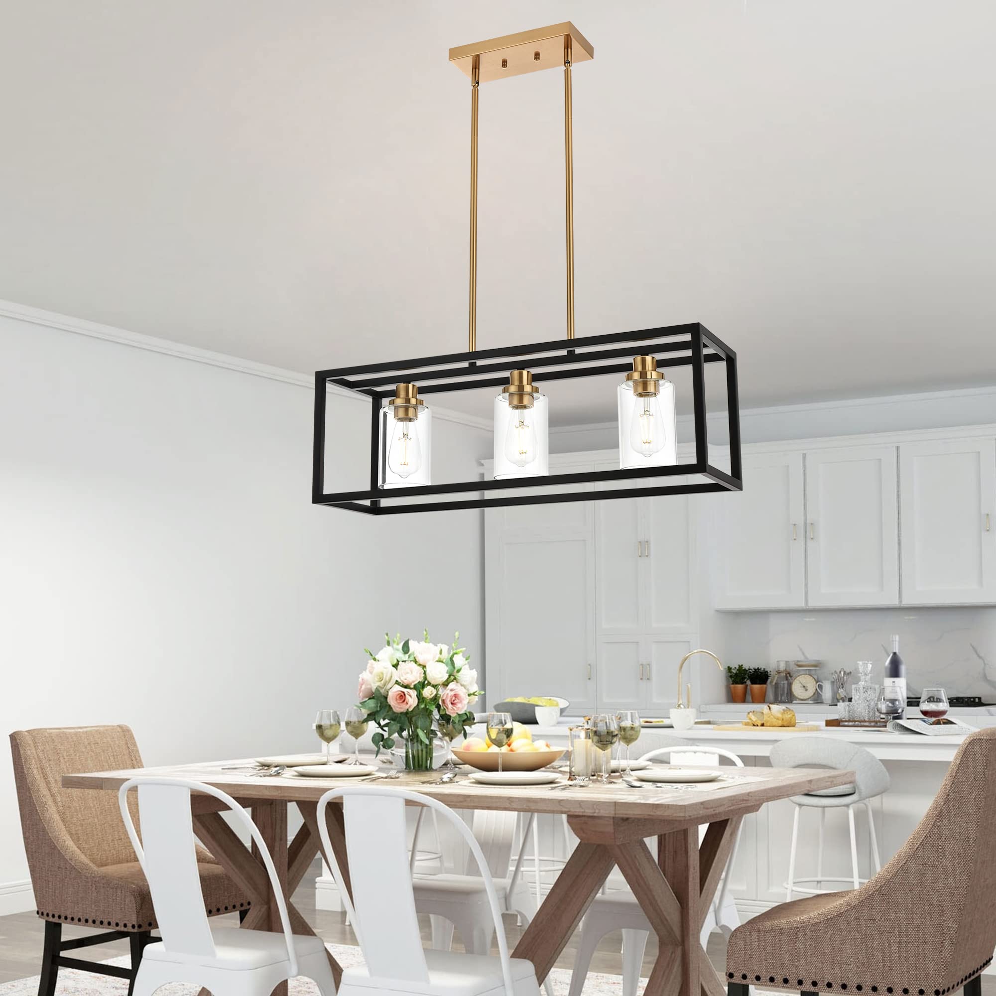 MELUCEE Black Chandeliers Rectangle 5 Lights Dining Room Lighting Fixtures Hanging Over Table, Kitchen Island Lighting Linear Pendant Light Ceiling with Clear Glass Shade and Brushed Brass Socket