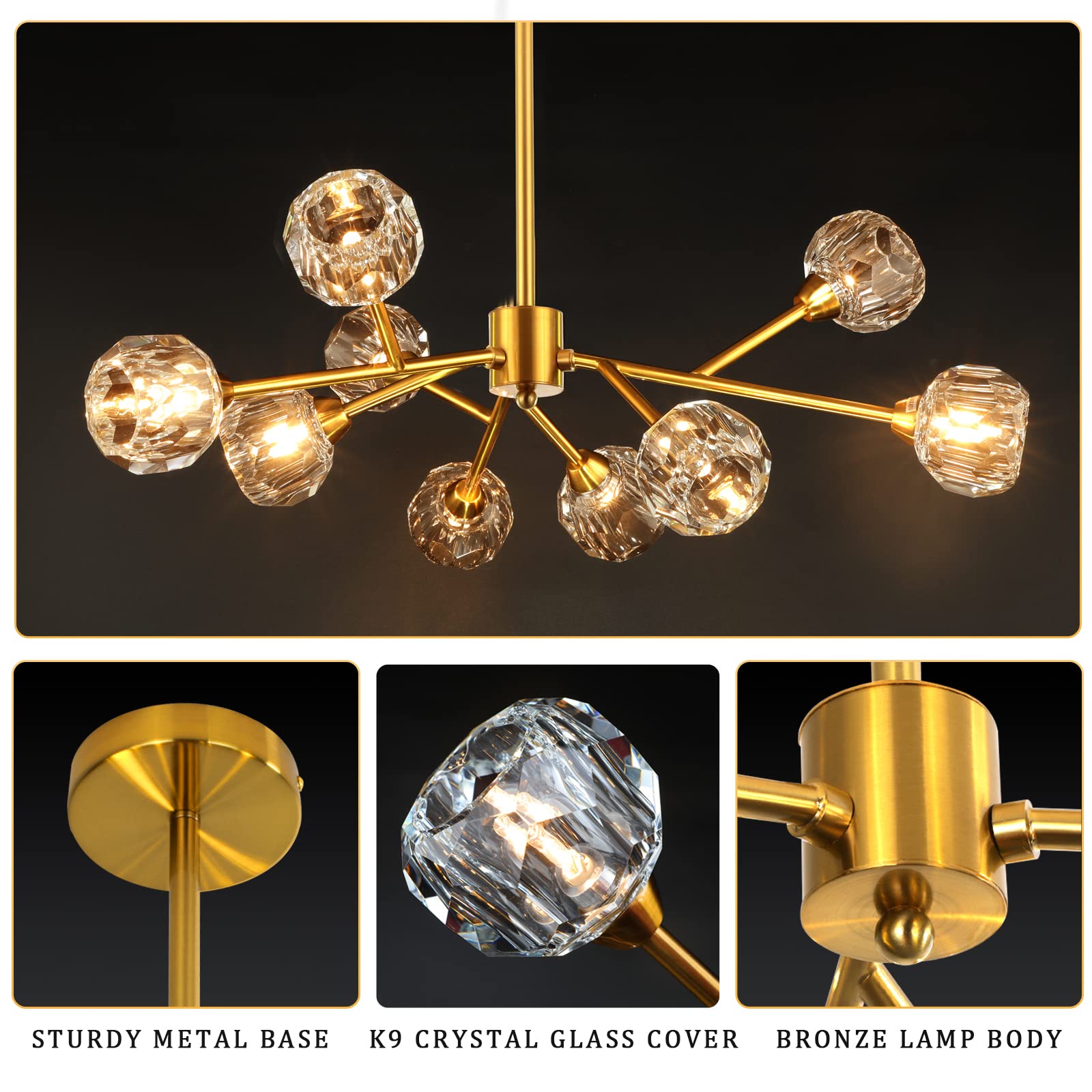 Sputnik Chandeliers for Dining Room Light Fixture, Modern Crystal Chandeliers, 9 Lights Gold Chandelier for Living Room Bedroom, Dining Room Chandelier Over Table, Kitchen Light Fixtures