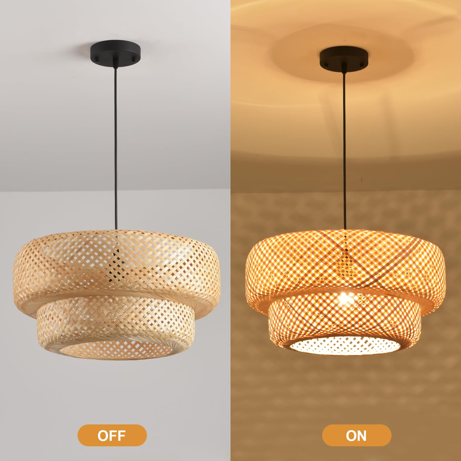 Boho Bamboo Pendant Light, 23.64in Bohemian Hand-Woven Rattan Chandelier Coastal Wicker Lighting Fixtures Hanging Lamp for Kitchen Island Dining Living Room Restaurants Bedroom