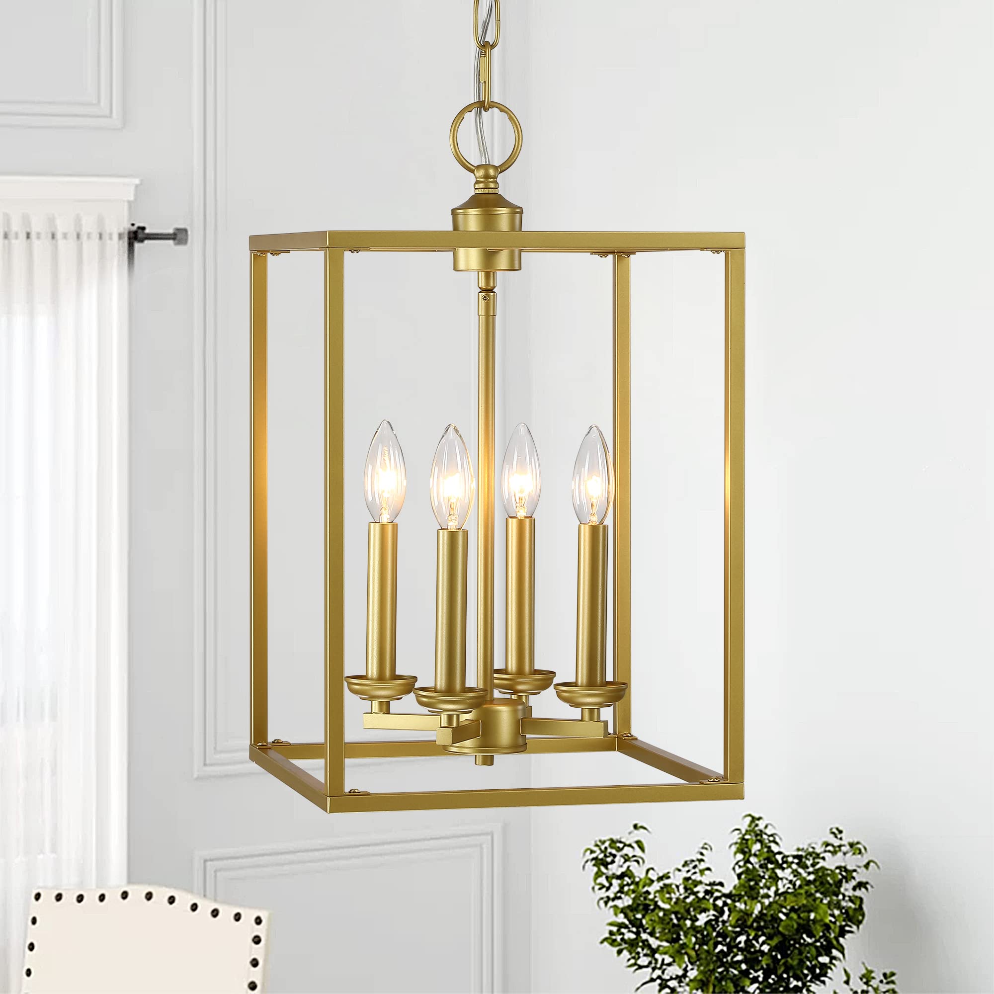 4-Light Gold Lantern Pendant Light, Square Geometric Lantern Chandelier with Adjustable Chain 12" Farmhouse Pendant Lighting for Kitchen Island Dining Room Entrance Foyer