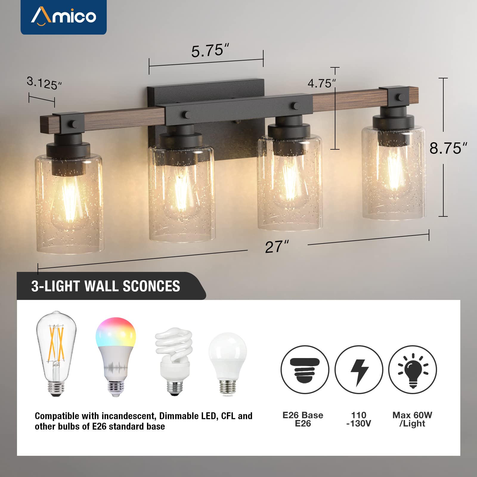 Amico Farmhouse Bathroom Vanity Light Fixtures,Rustic 4-Light Industrial Painted Wood Vanity Lights for Bathroom,Vintage Black Wall Sconces Bathroom Vanity Lighting with Bubble Glass Shade