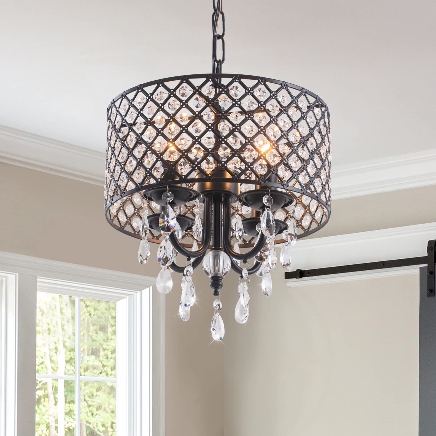 Rustic Crystal Chandelier French Pendant Light Drum Shade Chrome Finishing for Bedroom, Kitchen Island, Girl Room, Dining Room, Staircase 4-Light