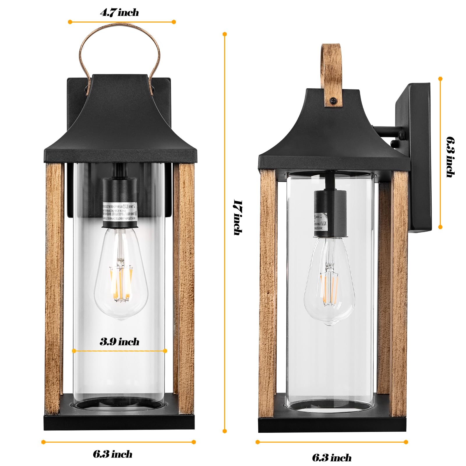 Large Outdoor Wall Light 17" H Light Fixture with Cylindrical Clear Glass Modern Wall Sconce for Patio Porch Courtyard, E26 Base IP65 Waterproof, Rustic Wood