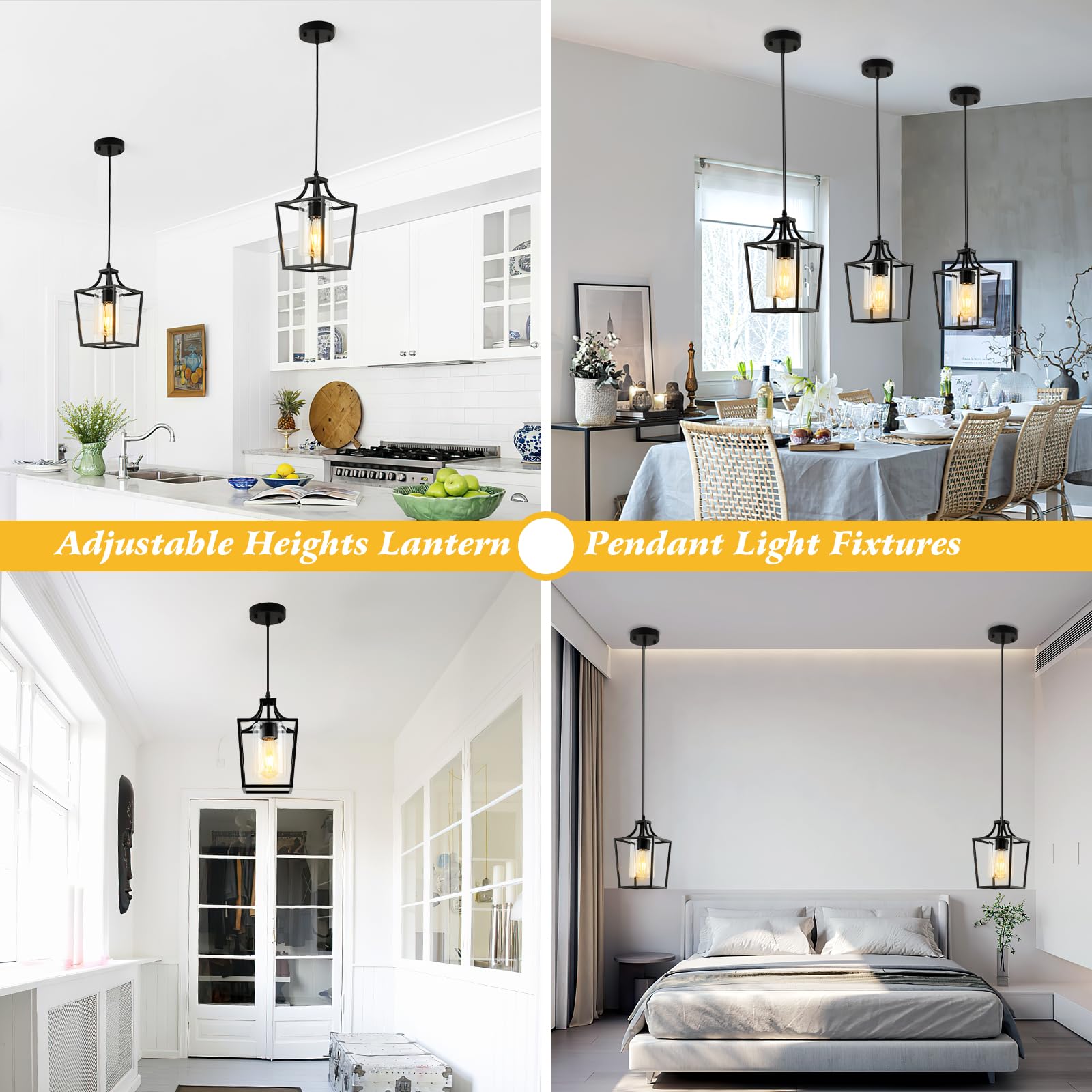 Farmhouse Kitchen Island Lighting Black Pendant Light Fixtures 4-Light Dining Room Lights Wood Chandelier Adjustable Hanging Pendant Lighting for Kitchen Island