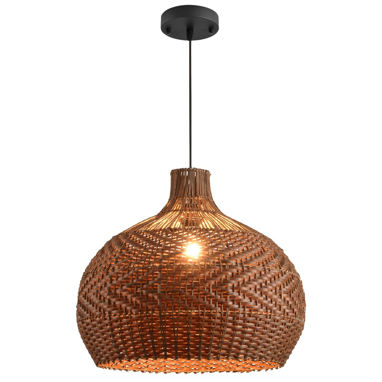 Boho Bamboo Pendant Light, 23.64in Bohemian Hand-Woven Rattan Chandelier Coastal Wicker Lighting Fixtures Hanging Lamp for Kitchen Island Dining Living Room Restaurants Bedroom