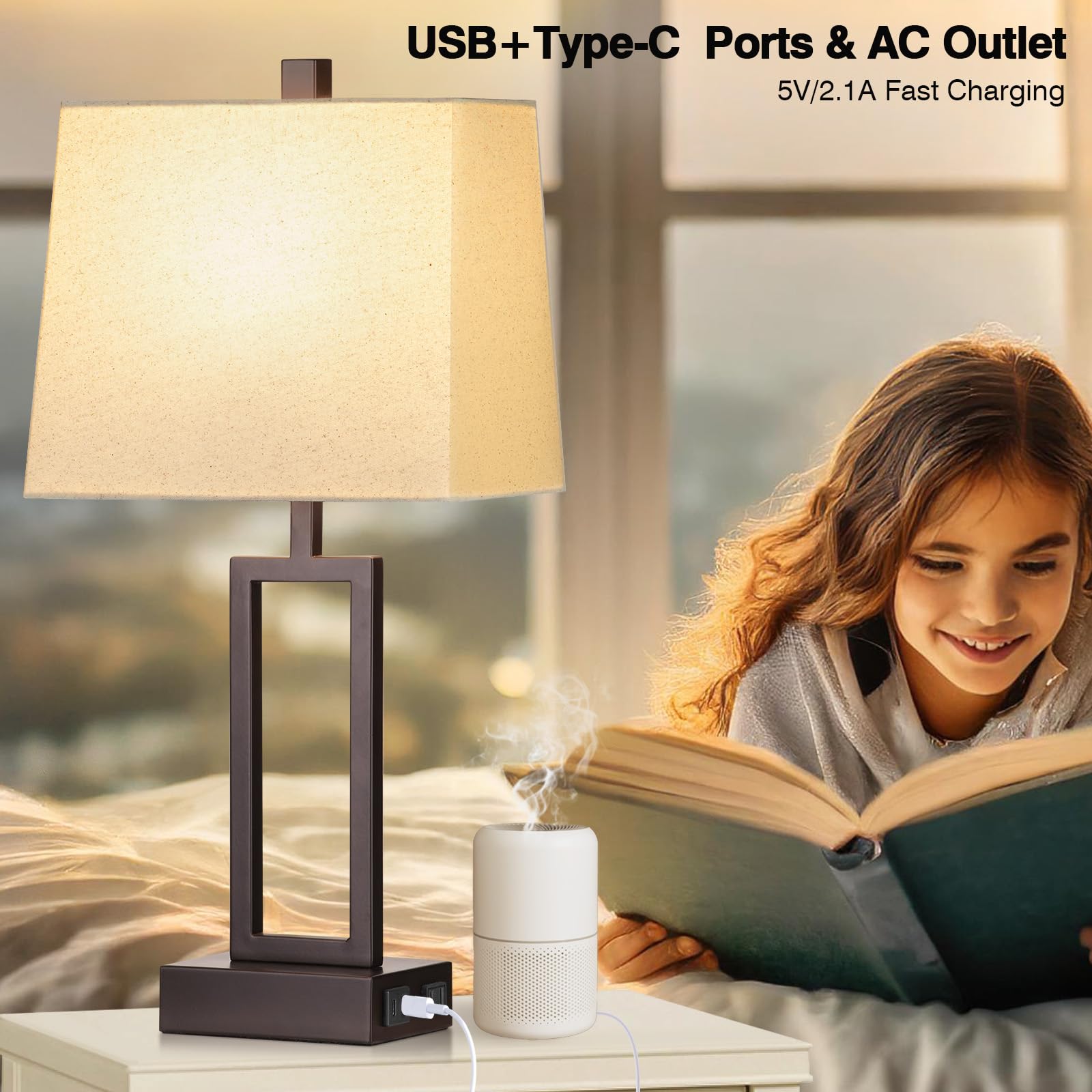 23.5" Touch Control Table Lamps, Metal Bedside Lamp for Bedroom Set of 2 with USB A+C Ports & AC Outlet, 3-Way Dimmable Nightstand Lamp for Living Room (LED Bulb Included)