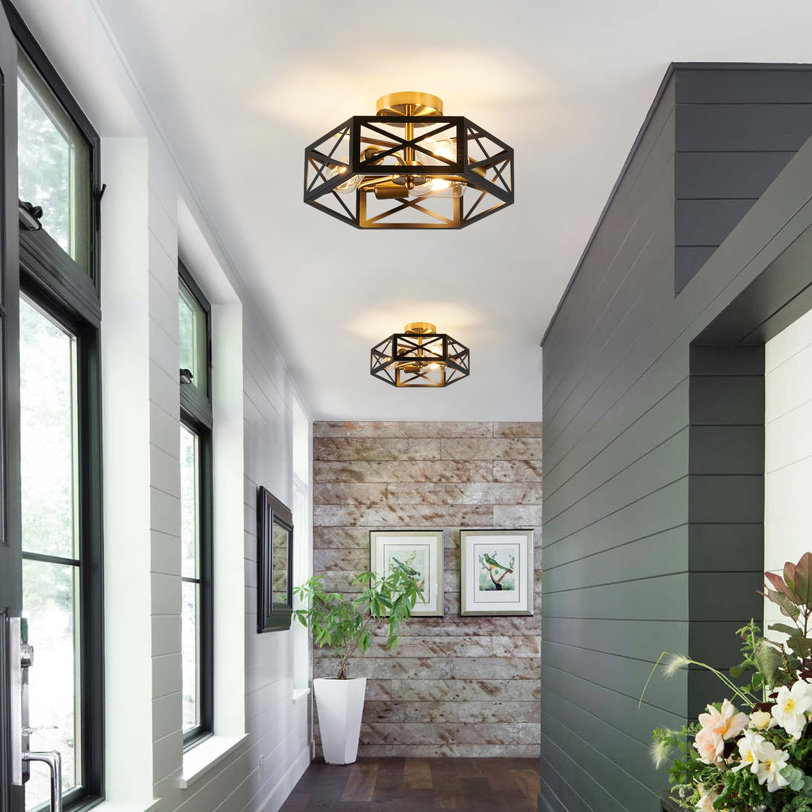 Semi Flush Mount Ceiling Light Fixture, Modern Farmhouse 3-Light Black Ceiling Light, Industrial Close to Ceiling Light with Metal Hexagon Cage Ceiling Lamp for Kitchen, Hallway, Bathroom