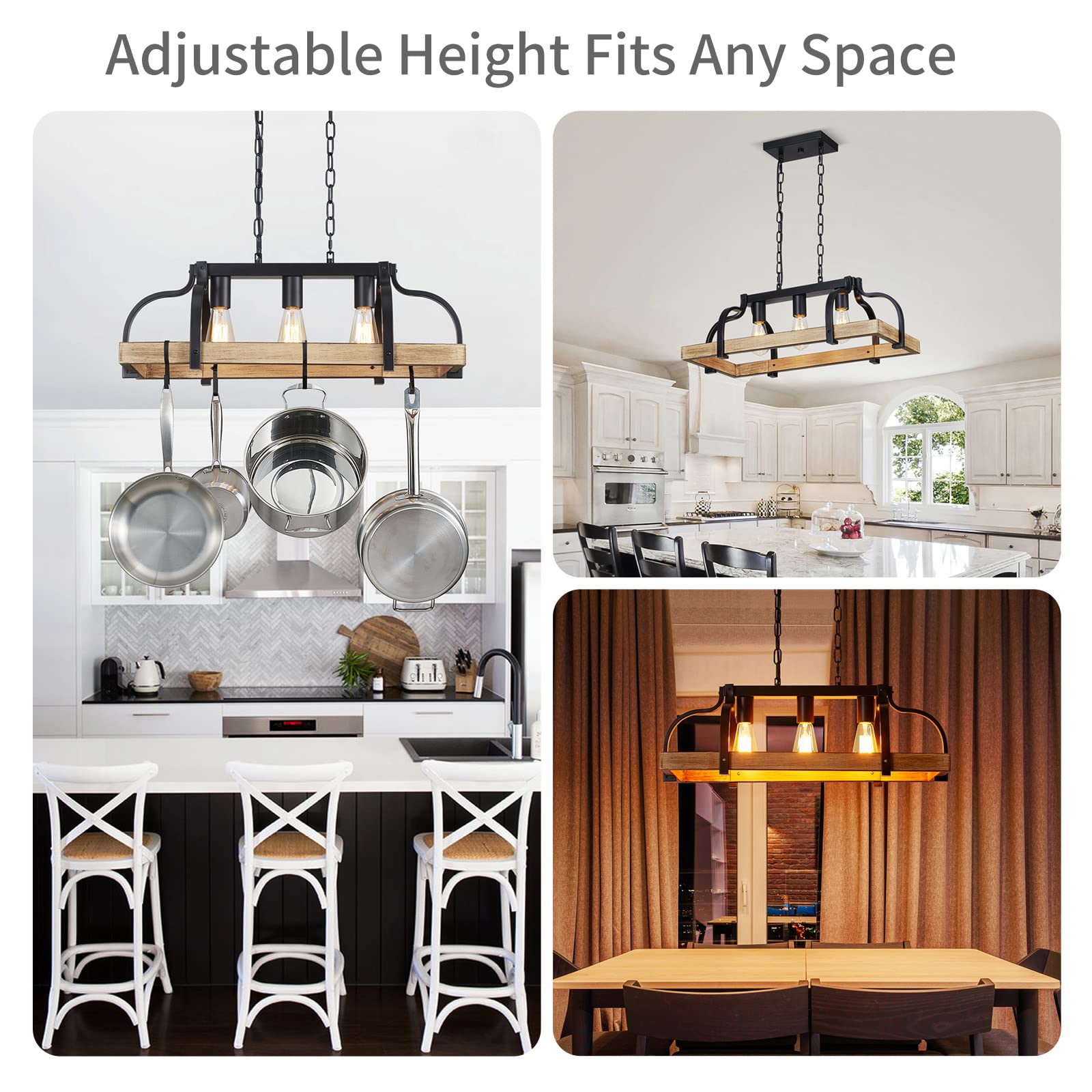 WUZUPS 5-Light Metal Chandelier Imitation Wood Grain Linear Pendant Ceiling Lighting Rustic Farmhouse Fixture Kitchen Island Dining Room, H 8.5" L 31.5" W10, E26 Base, Black & Antique White