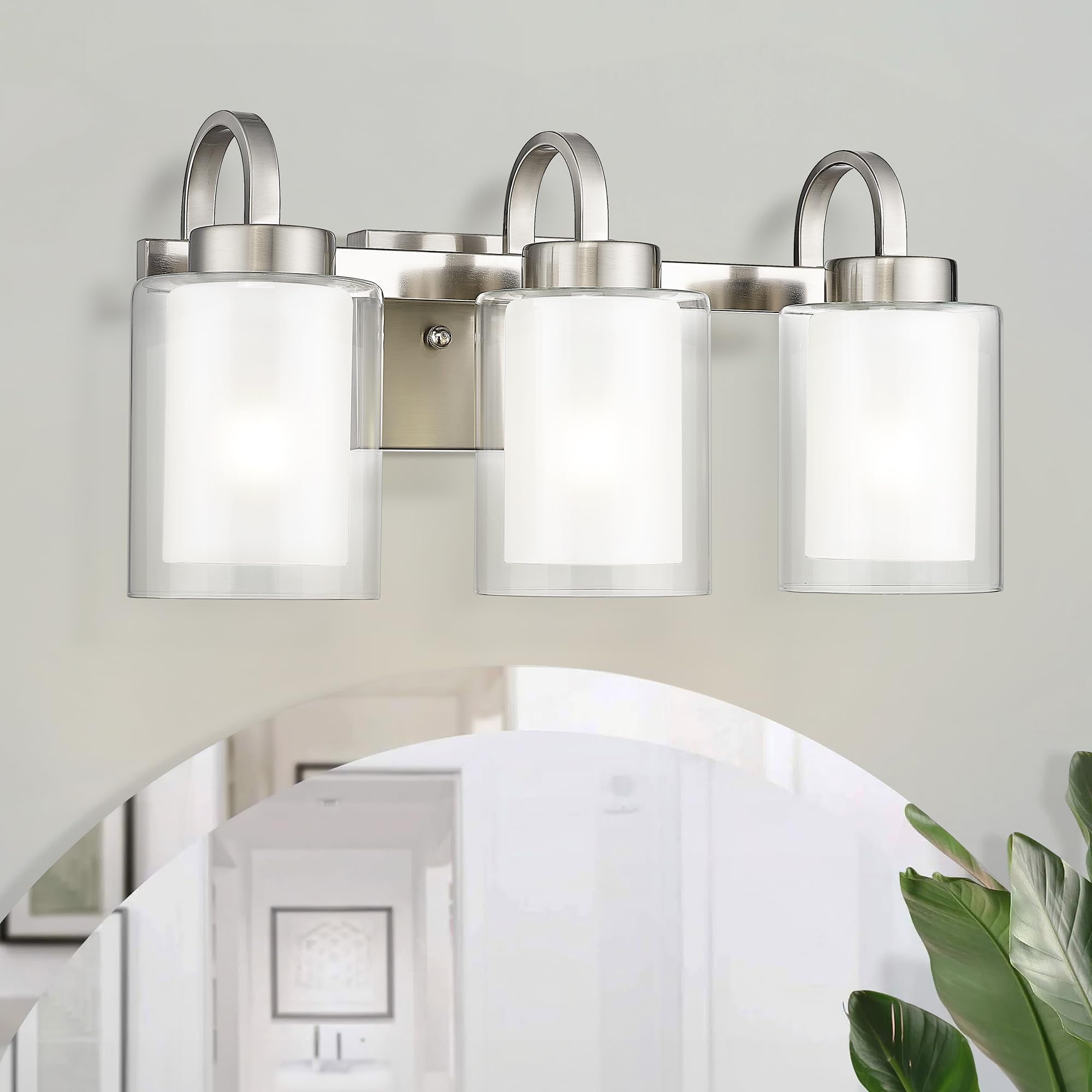 3-Light Bathroom Vanity Light, Brushed Nickel Vanity Light Over Mirror, Farmhouse Wall Sconces with Dual Glass Shade, Modern Wall Lamp for Bathroom Hallway Living Room