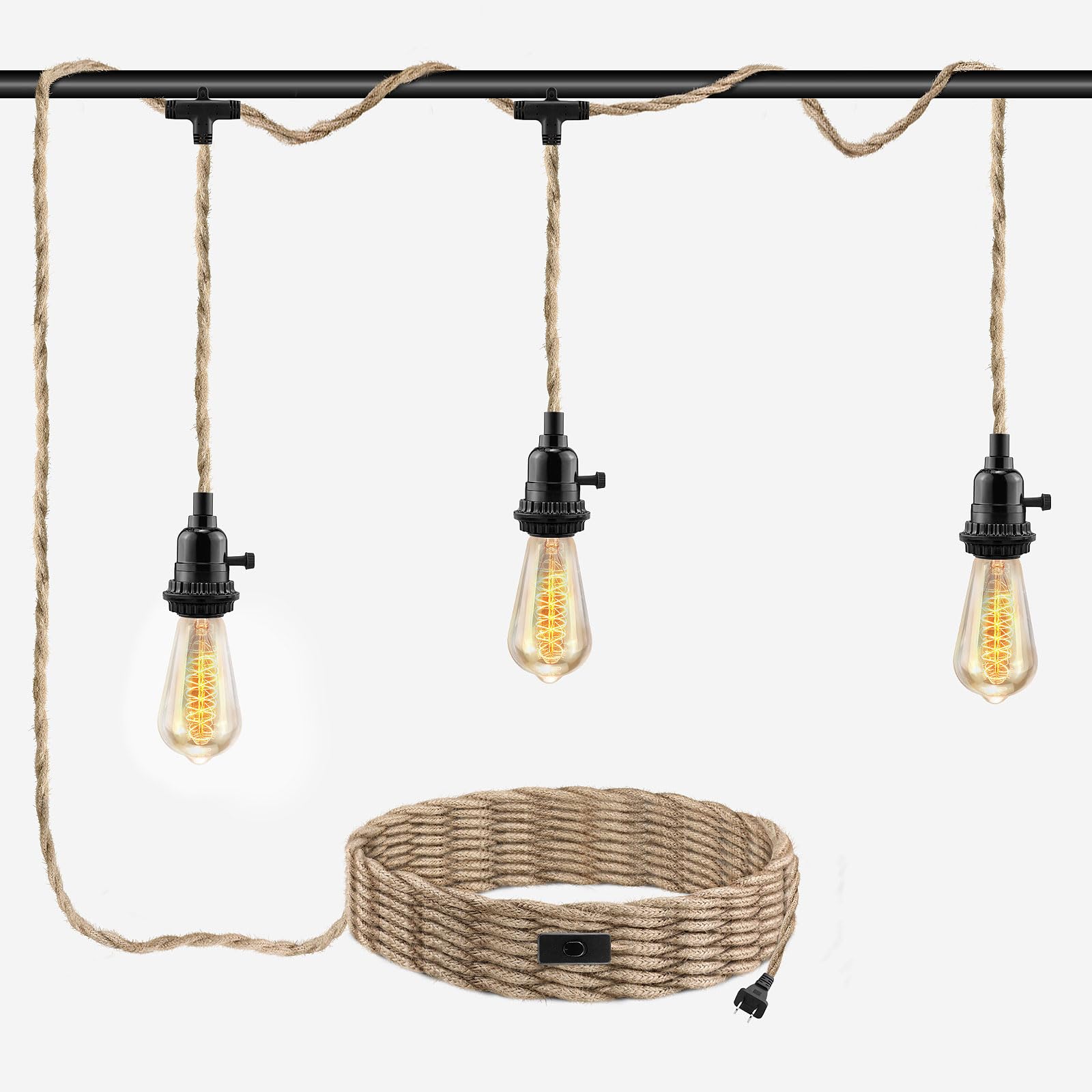 Plug in Pendant Light Cord, Farmhouse Hanging Lights with Plug in Cord, 15FT Hemp Rope Plug in Hanging Light Cord Kit with On/Off Switch, E26 E27 Light Socket Cord for Hanging Light