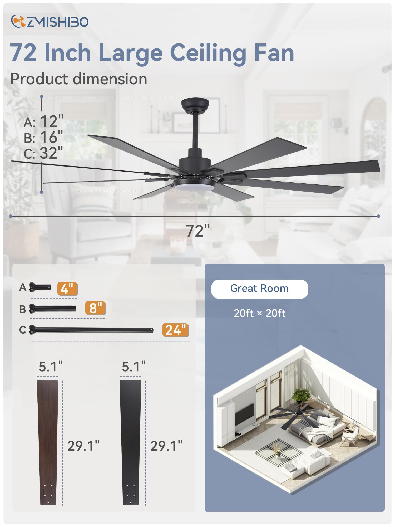 72 inch Oil Rubbed Bronze Ceiling Fans with Lights and Remote, Indoor/Outdoor Farmhouse Ceiling Fan for Living Room Patio, 6 Speed Reversible Quiet DC Motor, 3CCT, Dual Finish Blades