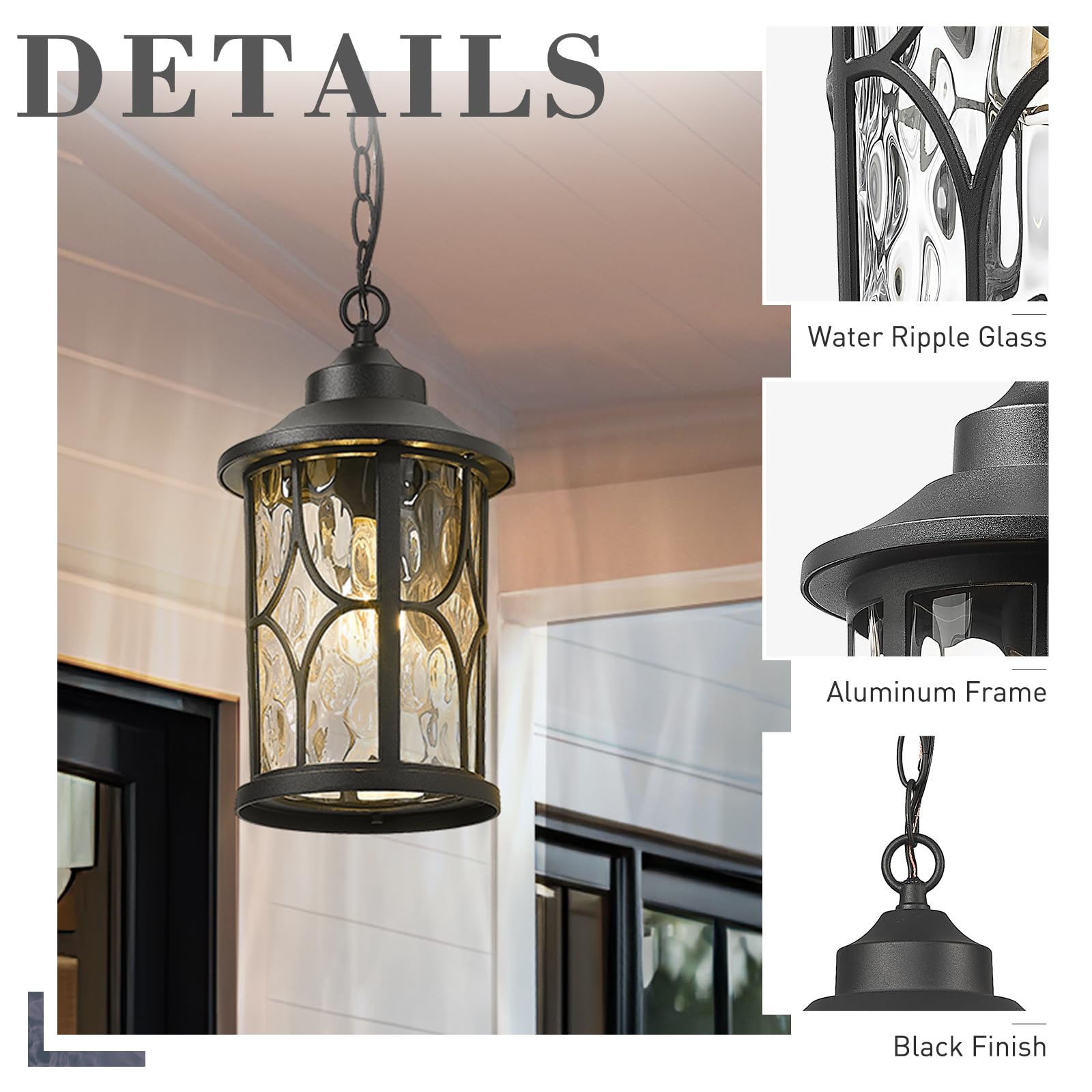 Outdoor Pendant Light for Porch - 12 Inch Farmhouse Exterior Hanging Lantern with Seeded Glass, Black Finish, ZX48H BK