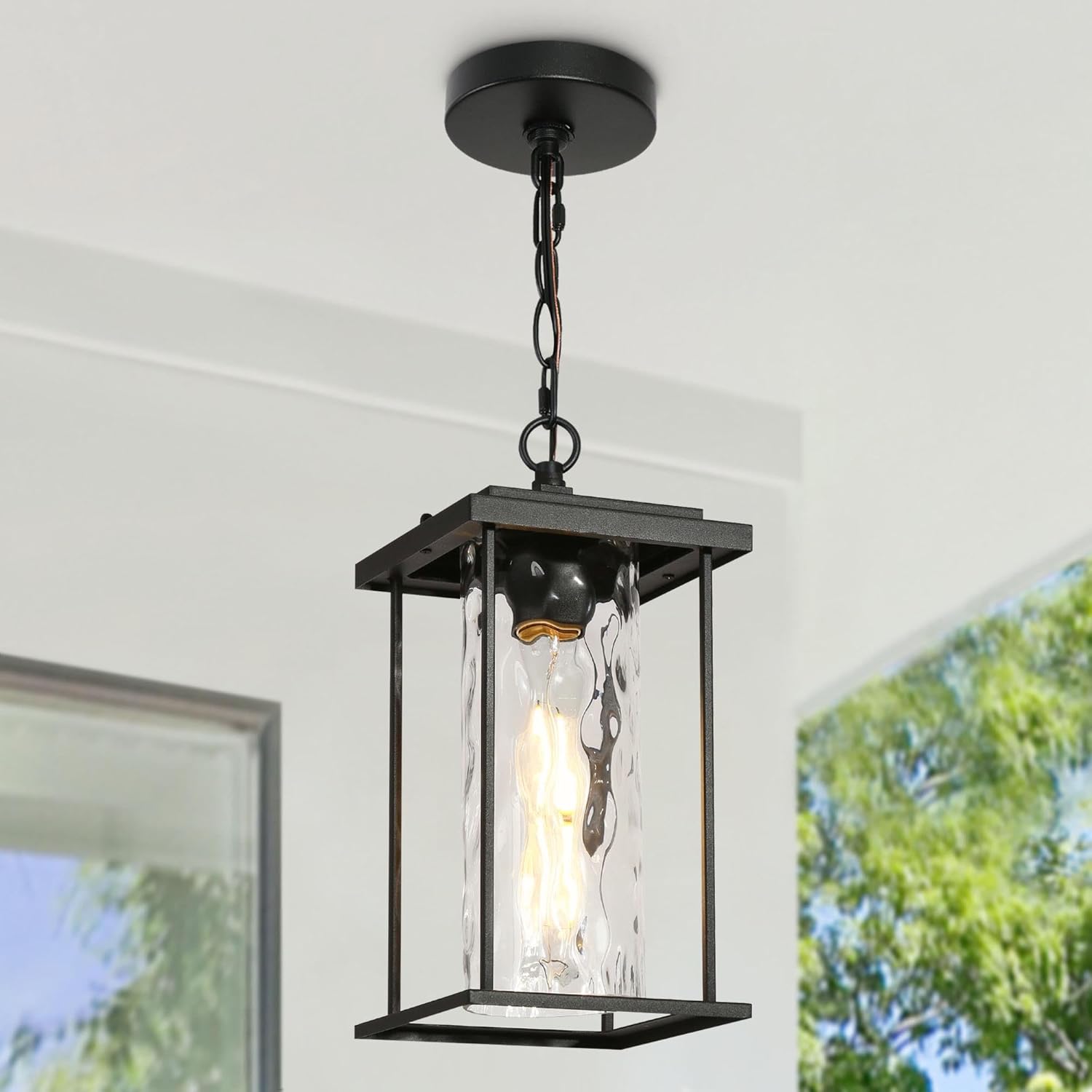 Outdoor Pendant Light Fixture, Farmhouse Exterior Hanging Lights with Water Ripple Glass & Adjustable Chain, Black Ceiling Outdoor Rectangle Hanging Lantern for Front Door, Entry, Porch, and Gazebo