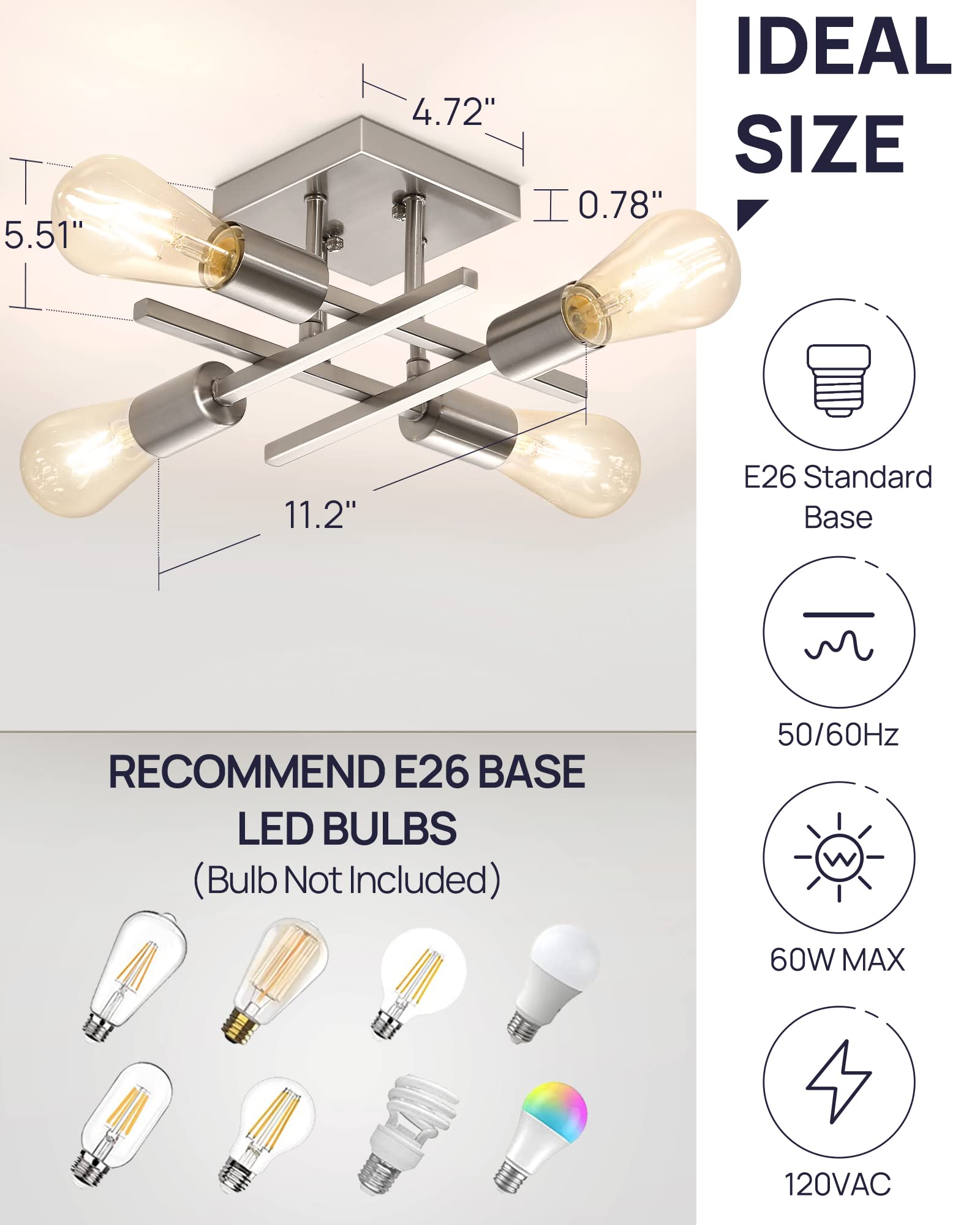 Industrial 4-Light Semi Flush Mount Ceiling Light Fixture, Modern Brushed Nickel Chandelier Lighting Sputnik Ceiling Lamp with E26 Bulb Base for Kitchen Bedroom Living Room Hallway Entryway