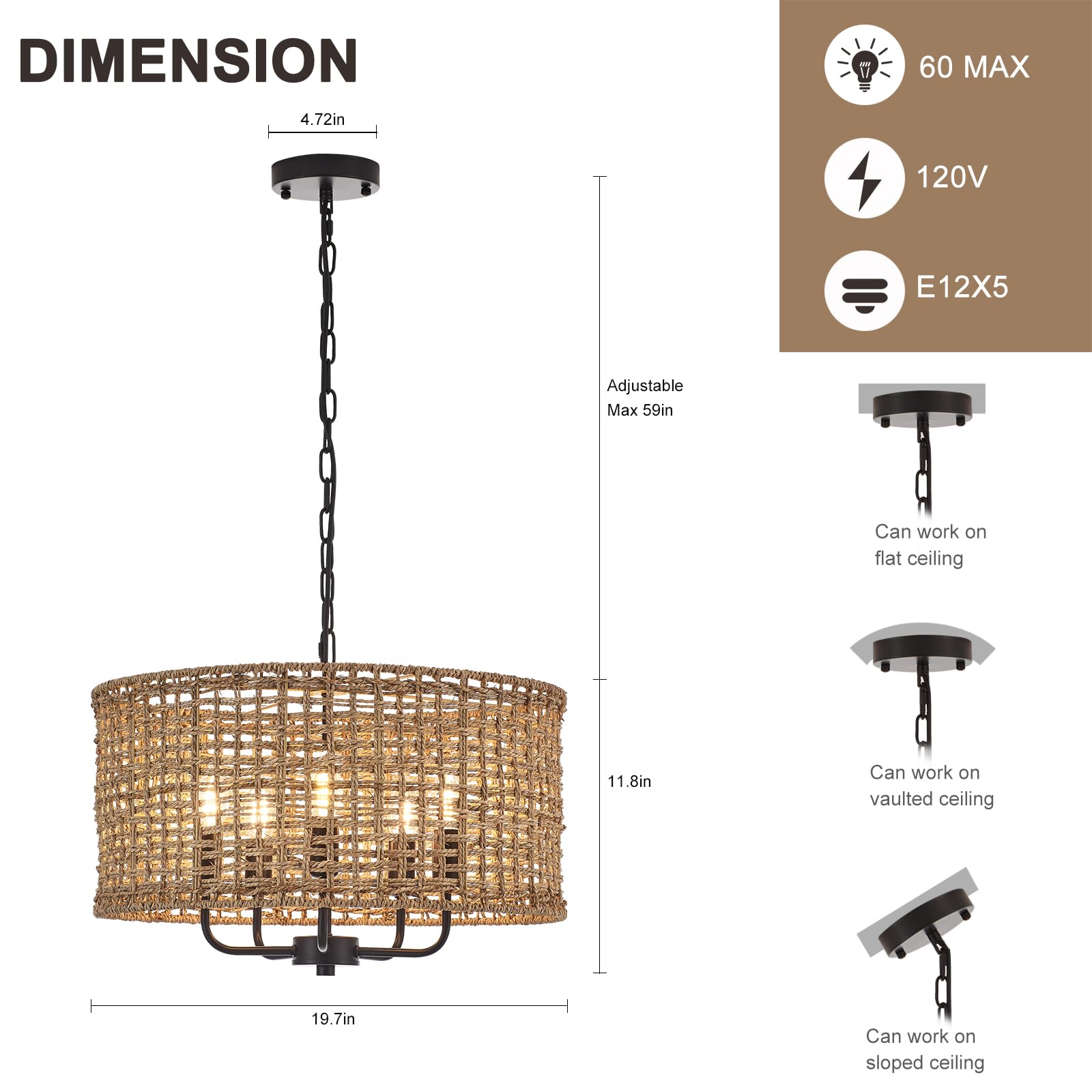 Hand-Woven Rattan Chandelier Vintage Farmhouse Boho Bamboo Chandelier Light Fixture Rustic Retro 5-Lights Drum Wicker Rattan Black Chandelier for Dining Room, Kitchen, Living Room, E12