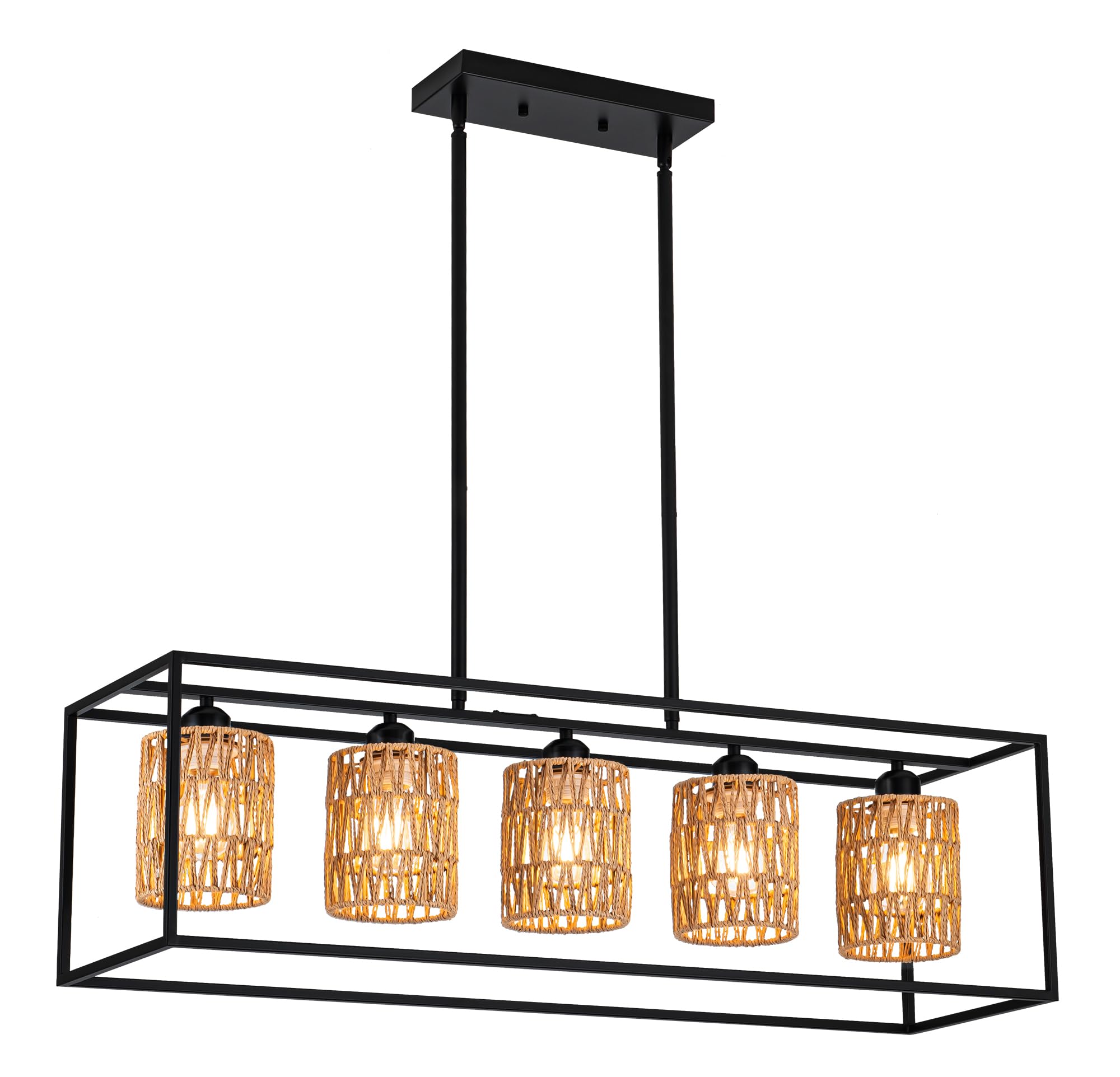 Rattan Kitchen Island Light Fixture, 5 Lights Boho Rectangle Pendant Lights for Dining Room, Farmhouse Chandeliers Over Table, Modern Ceiling Hanging Kitchen Light Fixtures, Height Adjustable