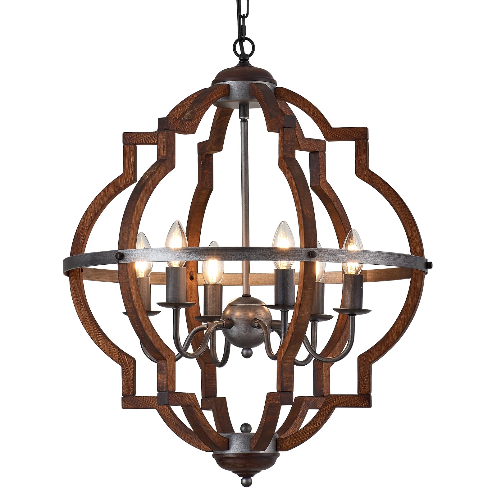 Wood Chandelier Light Fixture Antique Farmhouse 23.6" Caged Candle Style Ord Chandelier Industrial Rustic 6-Lights Wooden Chandelier for Dining Room, Kitchen, Living Room, Bedroom, E12