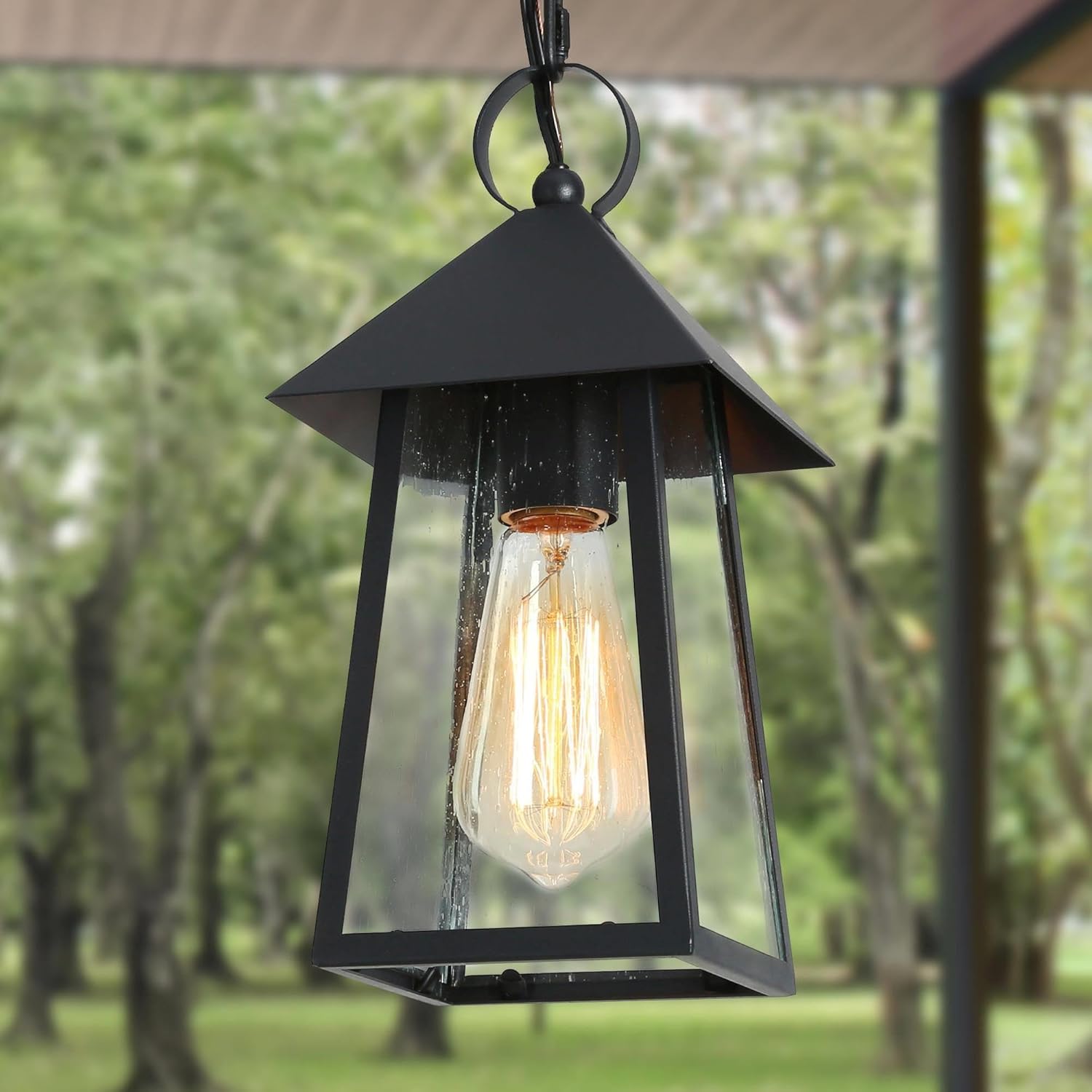 Outdoor Pendant Light for Porch, Black Outdoor Pendant Hanging Light with Seeded Glass Waterproof Exterior Light Fixture for House, Patio, Yard