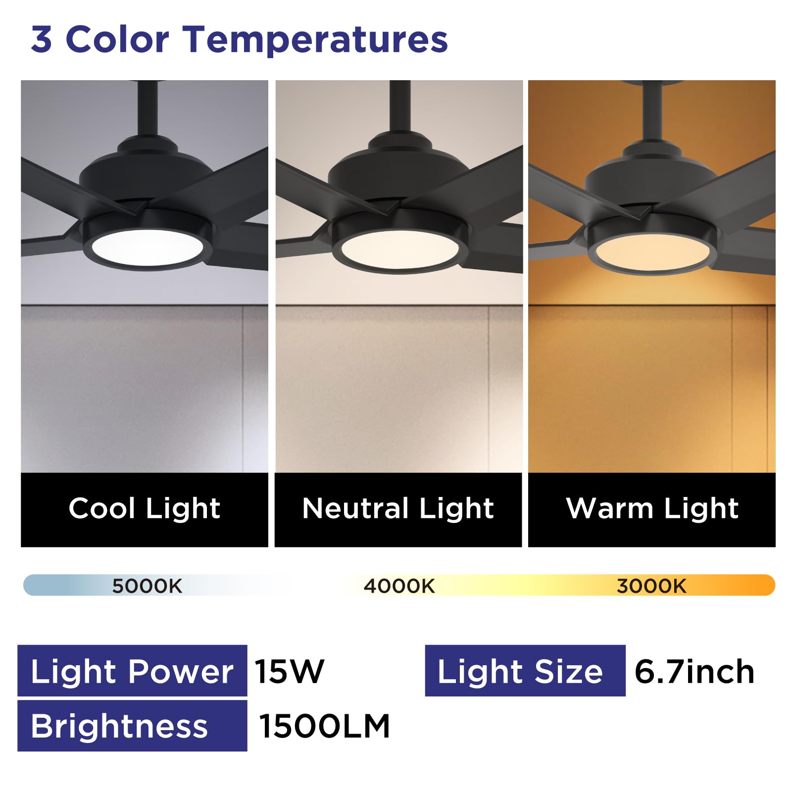 Ceiling Fans with Lights, 52 inch Black Ceiling Fan with Light and Remote Control, 3CCT, Quiet DC Motor, 5 Blades Modern Ceiling Fan for Living Room Farmhouse Bedroom