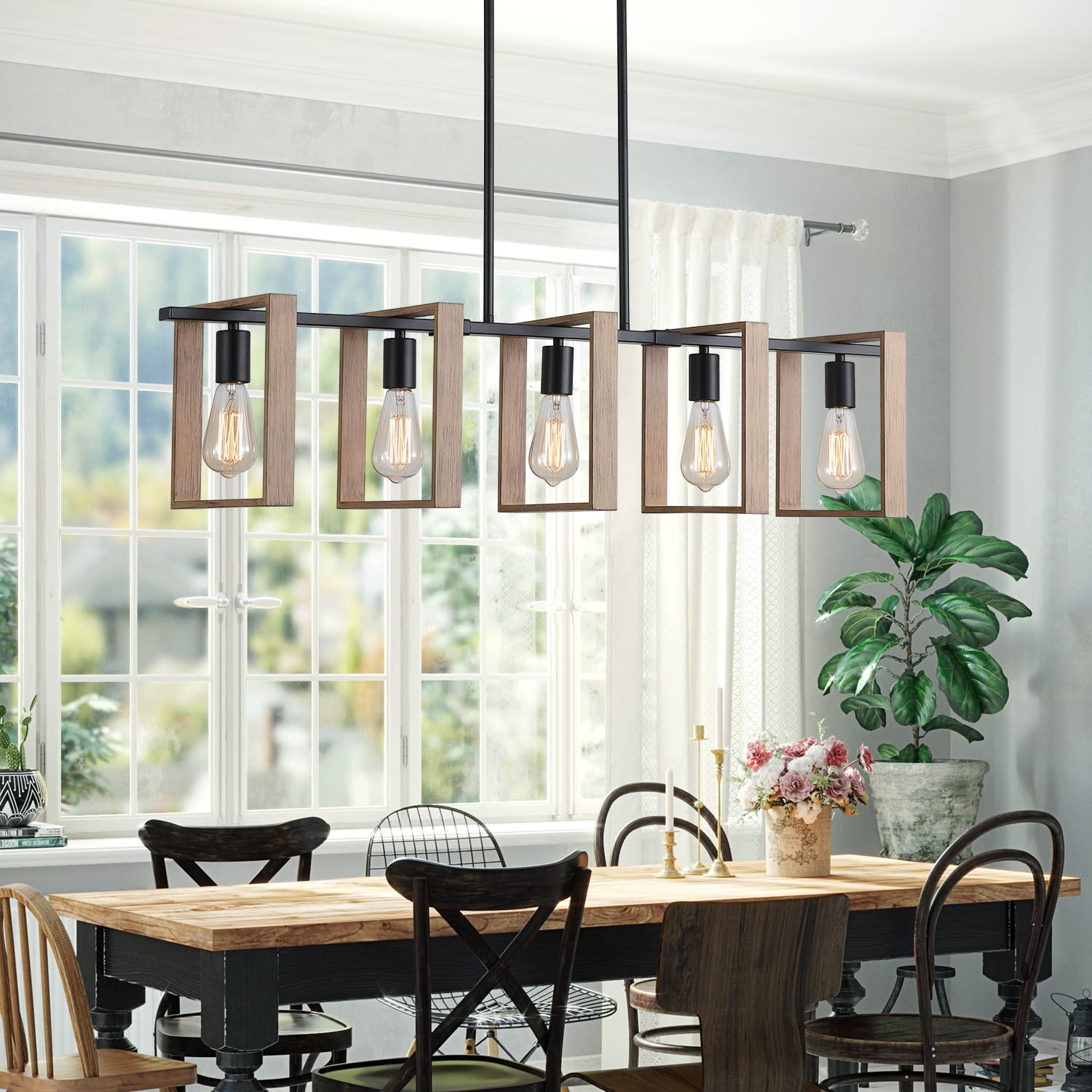 9MMML 3 Lights Kitchen Island Lighting, Modern Rectangle Linear Pendant Light, Black Frame+ Gold Socket Chandelier for Dining &Living Room Foyer Entryway Hallway,E26,Height Adjustable.