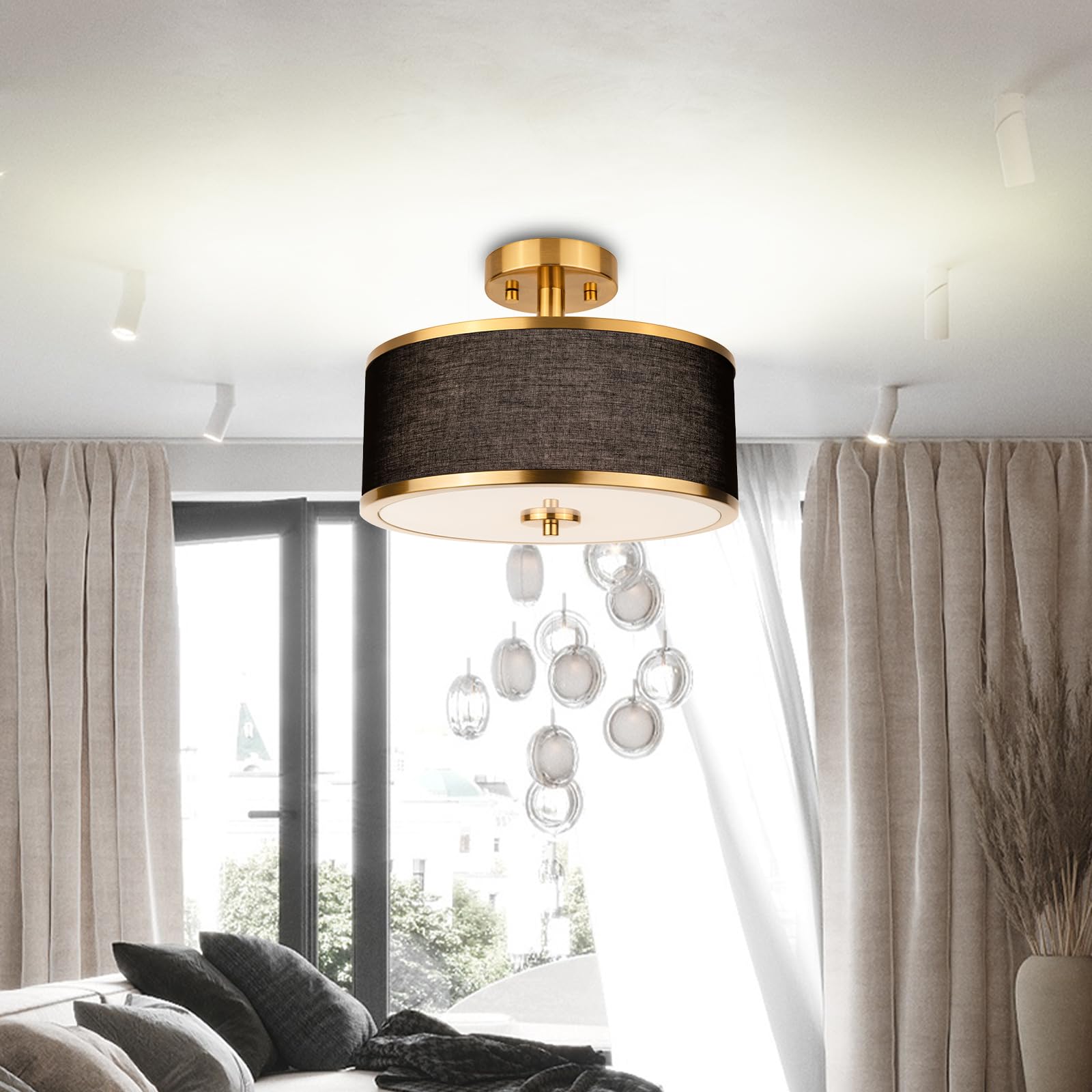 3-Light Semi Flush Mount Ceiling Light Fixture, 12.6" Gold Drum Light with Black Fabric Shade, Modern Close to Ceiling Light for Living Room Bedroom Dining Room Kitchen Hallway Entry Foyer