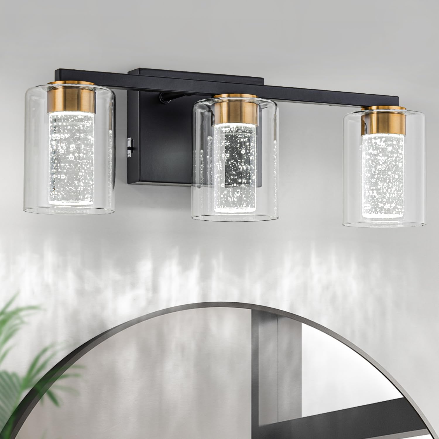 2-Light Brushed Nickel Vanity Light with 3 Color Modes (3000K/4000K/6000K), Eye Protection LED Bathroom Light Fixture, Dimmable Modern Wall Light Over Mirror with Clear Glass Shade