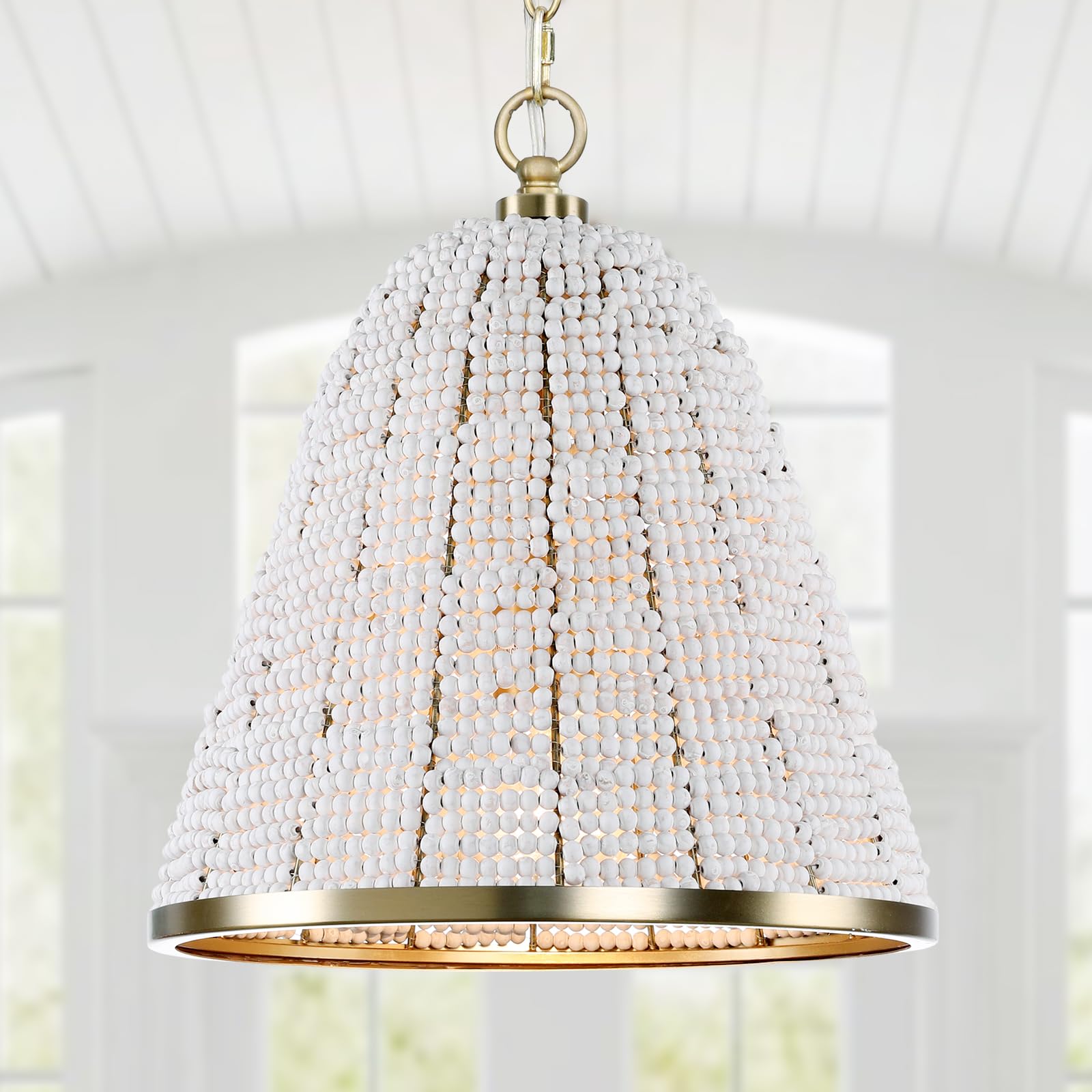 Wood Bead Chandelier,1-Light Long Dome Brass Chandelier,Beaded Chandelier Light Fixture for Kitchen Island,Foyer,Hally,Living Room,Dining Room