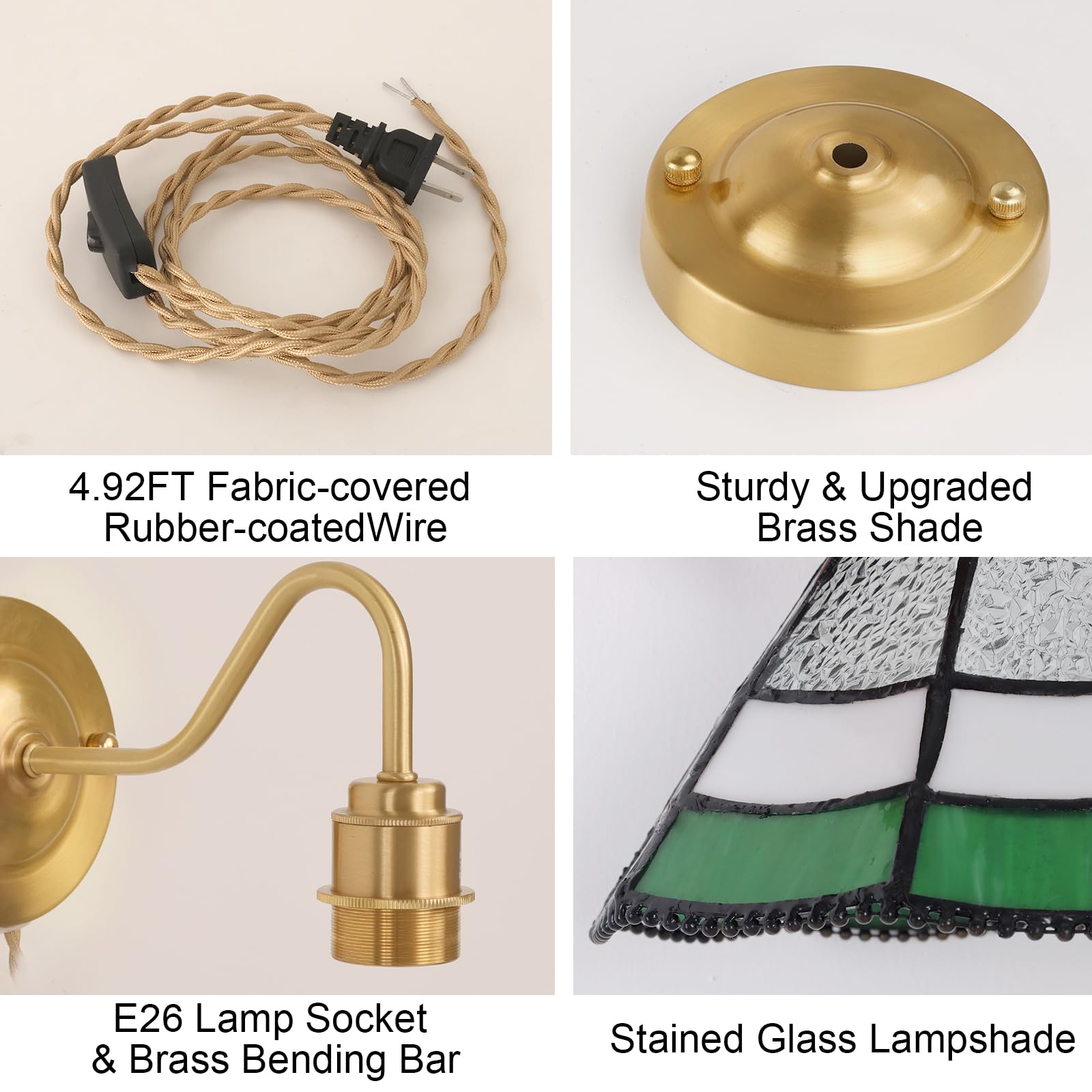 Wall Sconce, Wall Mounted Lamps with Green Checker Sconce, Stained Glass Shade Brass Wall Lights Fixture with Plug in Cord and Switch for Bedroom Bathroom Living Room Hallway