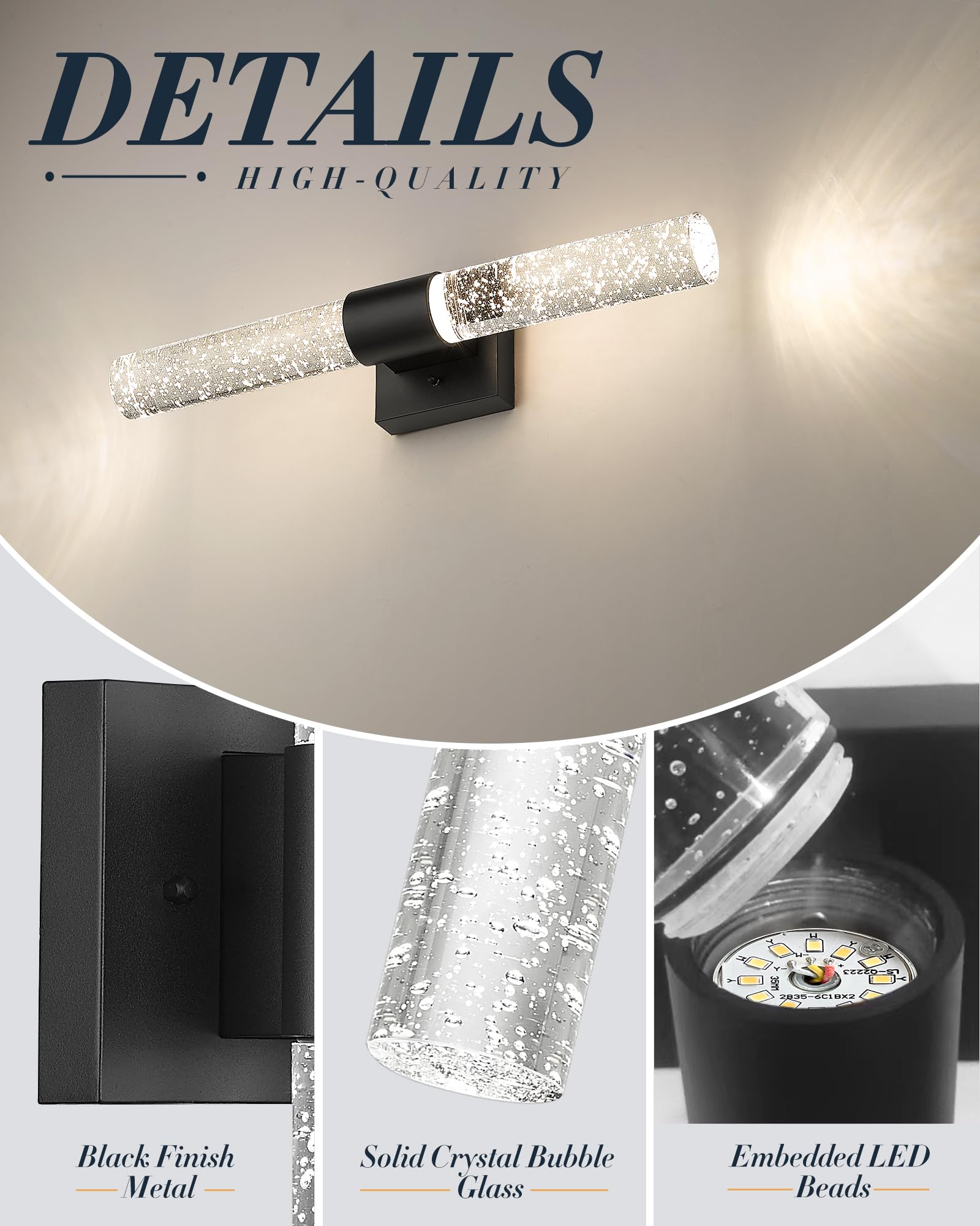 Bathroom Light Fixtures, HWH LED Vanity Lights Over Mirror 11W with Crystal Bubble Glass, Black Vanity Light Bar Indoor Wall Sconce Light, 3000K/4000K/5000K Dimmable, 5HW76B-LED BK