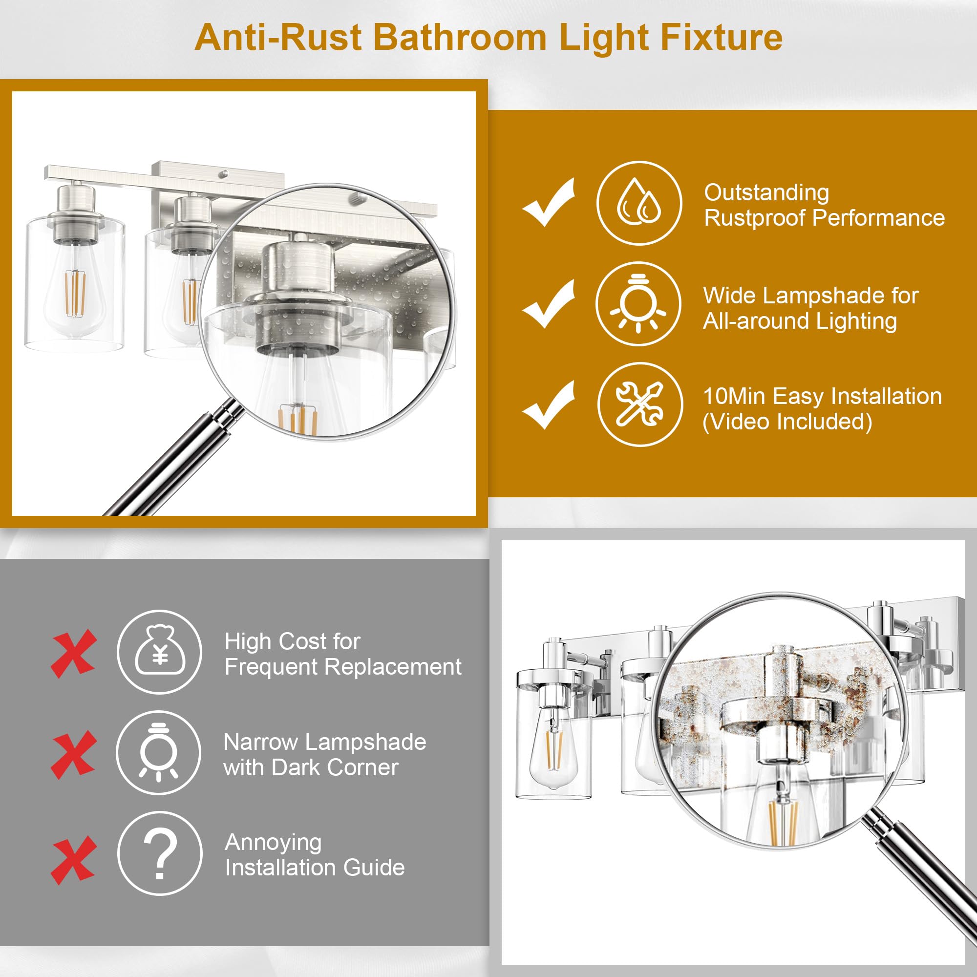 Bathroom Lighting Fixtures Over Mirror Brushed Nickel, Rustproof 3-Light Vanity Lights for Bathroom, 18Inches Modern Wall Sconces E26 Base, Transparent Clear Glass Shades, Bulbs Not Included