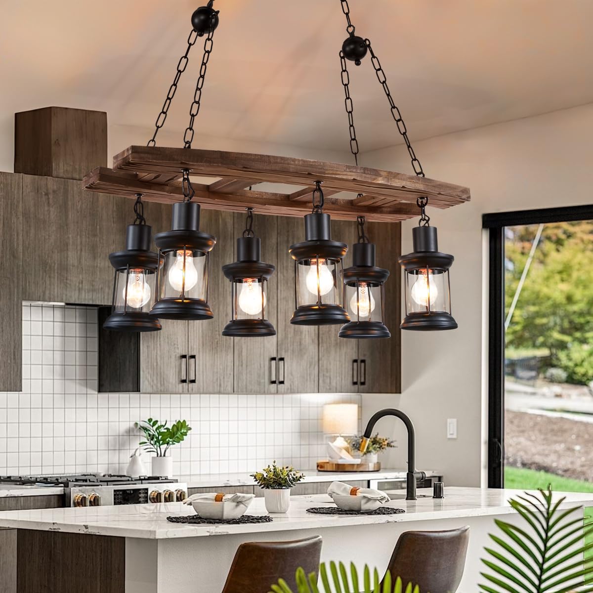 8 Lights Industrial Retro Wooden Chandelier Pendant Light Island Hanging Ceiling Fixture Vintage Farmhouse Wood Light Adjustable Chain for Home Cafe Bar Restaurant (39.4")