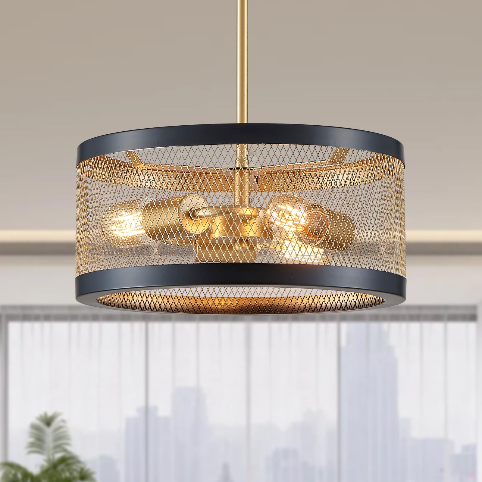 3-Light Black Gold Chandelier Industrial Drum Ceiling Light Fixtures, 13" Metal Round Pendant Lighting for Kitchen Dining Room Bedroom Entryway Foyer